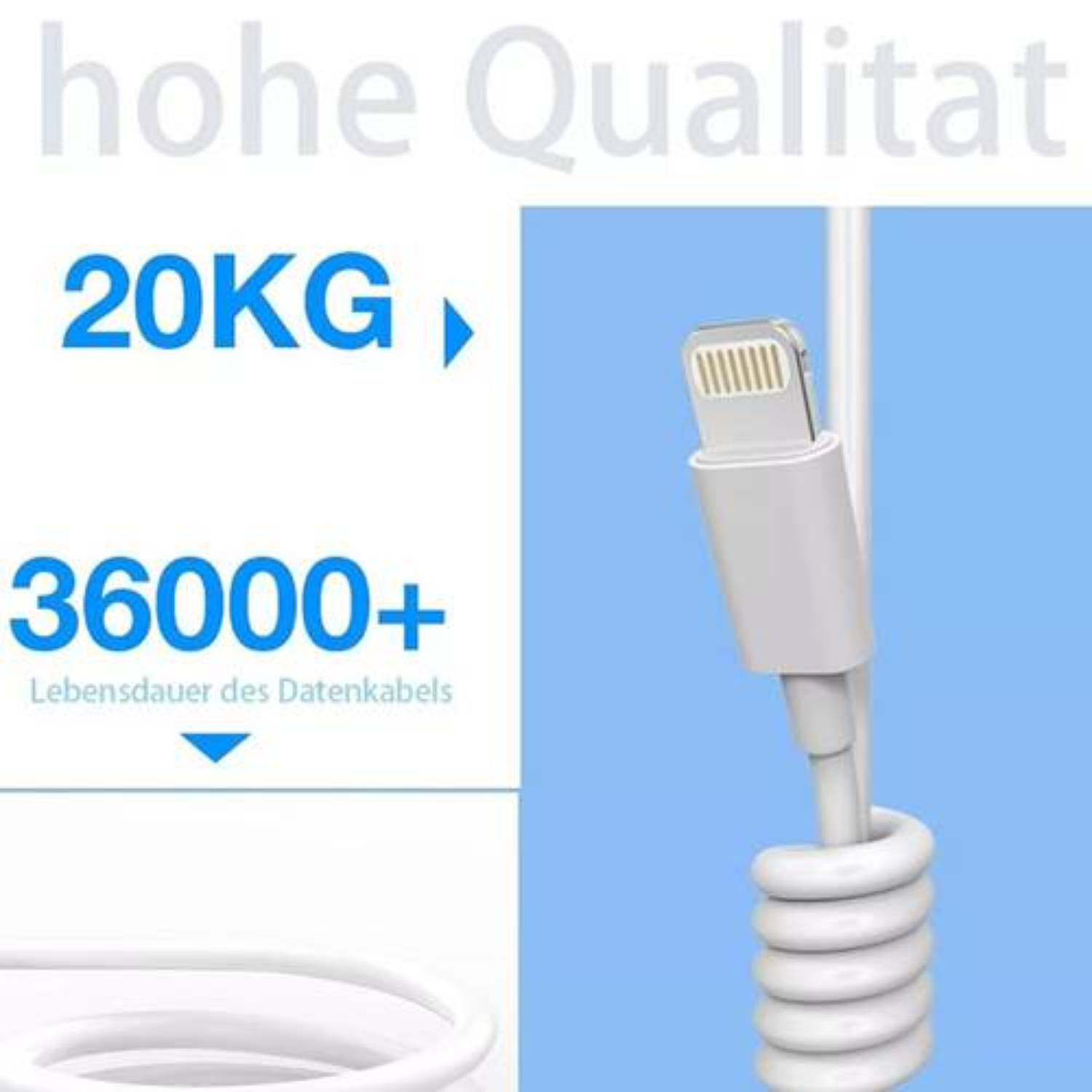 Weißes Lightning-Kabel mit gewickeltem Abschnitt. Text enthält 20KG, 36000+ und 'hohe Qualität'.