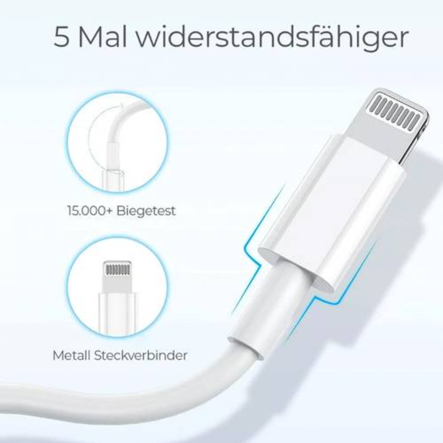 Weißes Ladekabel mit Lightning-Anschluss, Nahaufnahme der Details.