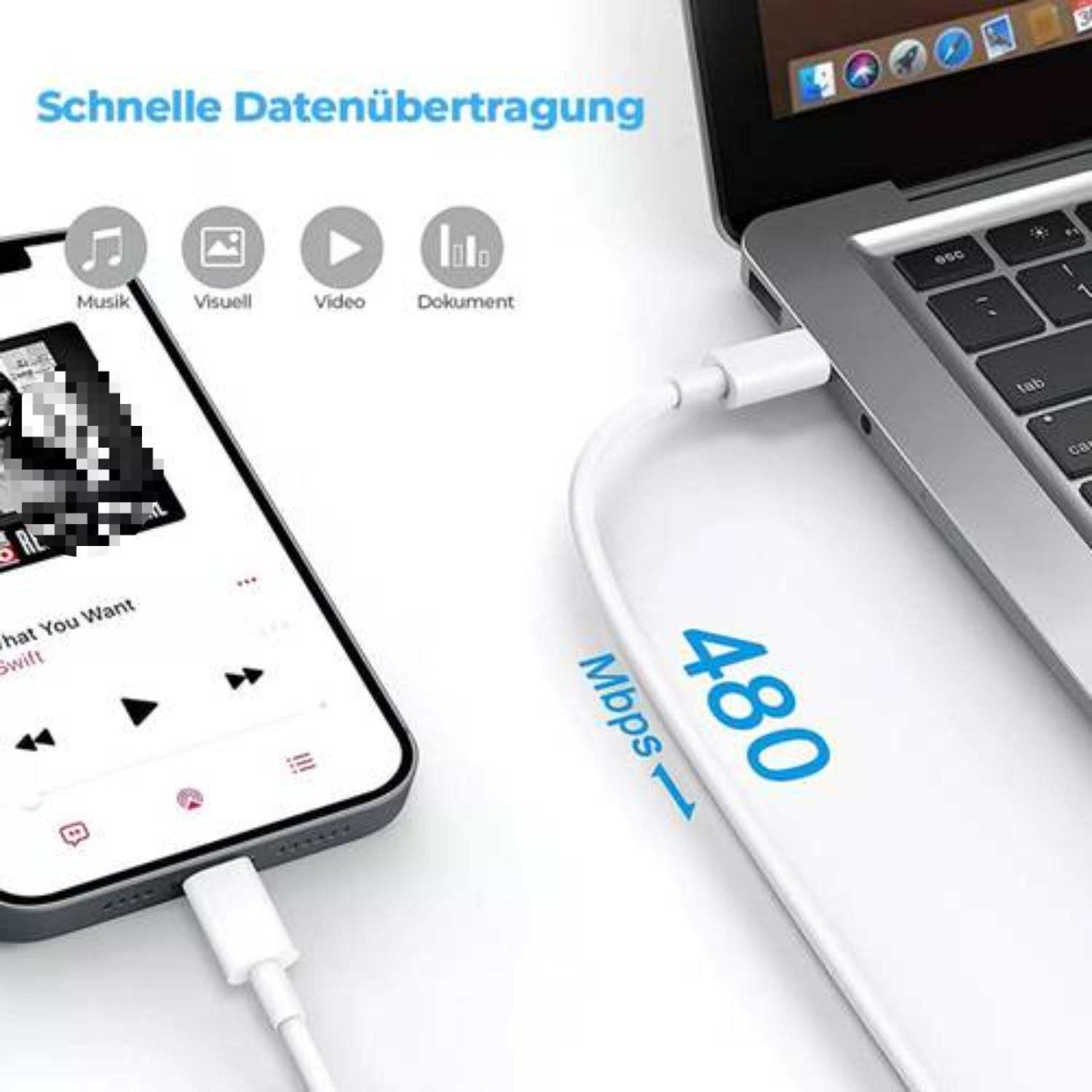 Ein weißes Kabel verbindet ein Telefon mit einem Laptop. Text auf dem Bild zeigt 480 Mbit/s und Datentransfer.