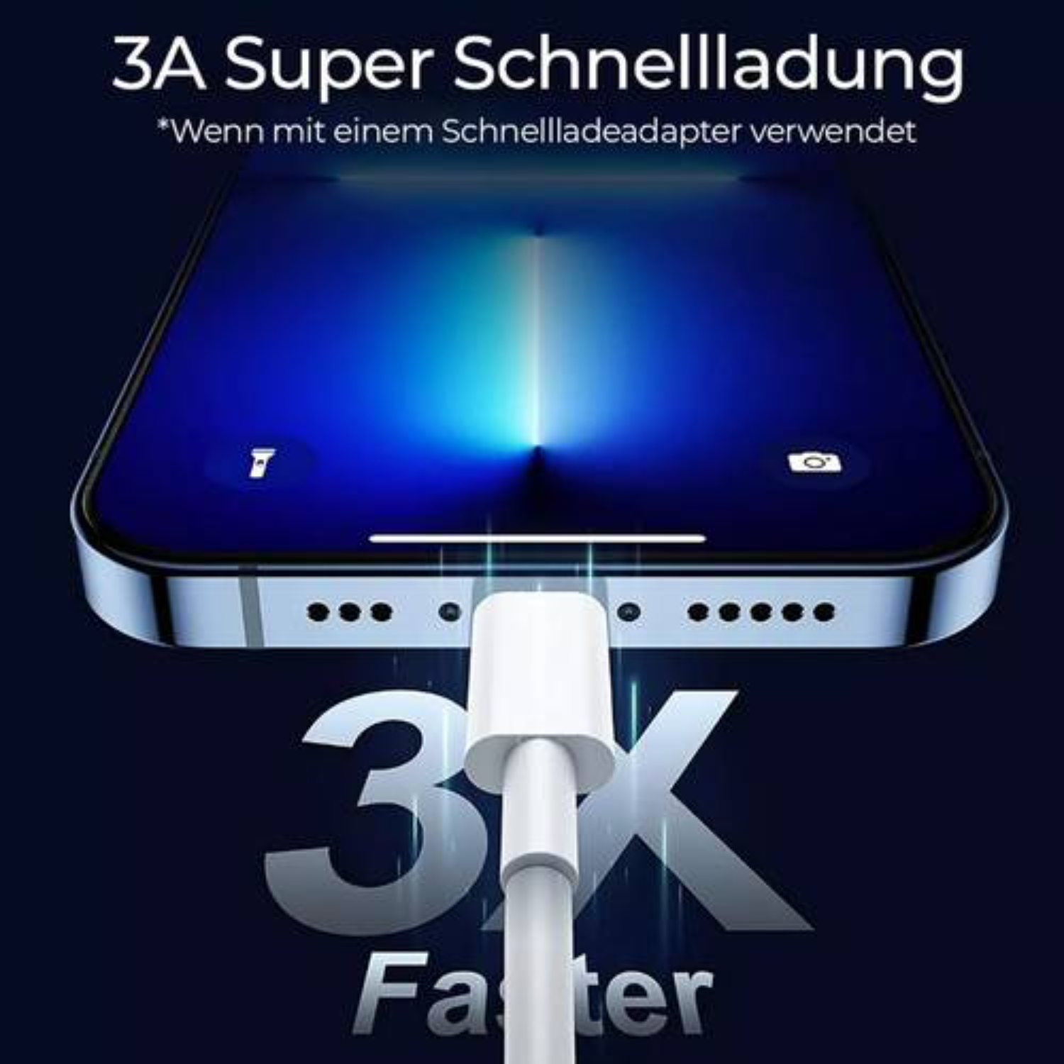 Ein Telefon, das geladen wird, mit einem Kabel und dem Text '3X Faster'.