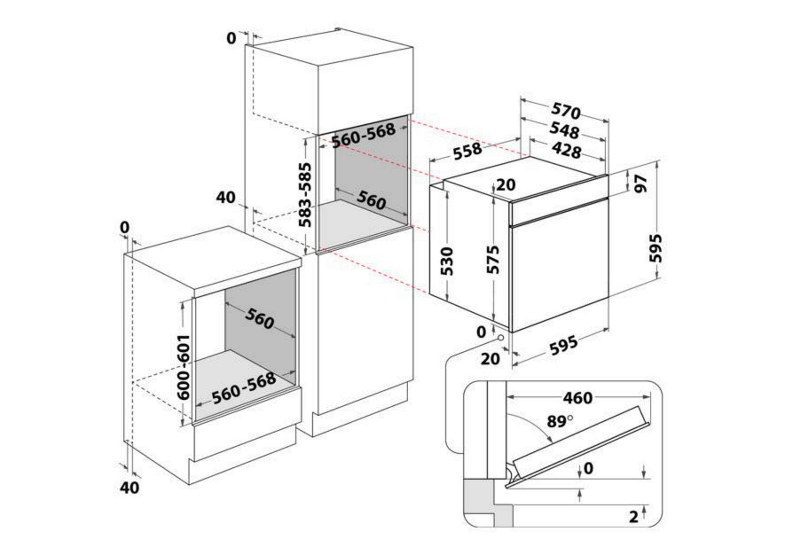 Technische Zeichnung von Küchengeräten. Backofen und Schrank mit Maßen. Weißer Hintergrund.