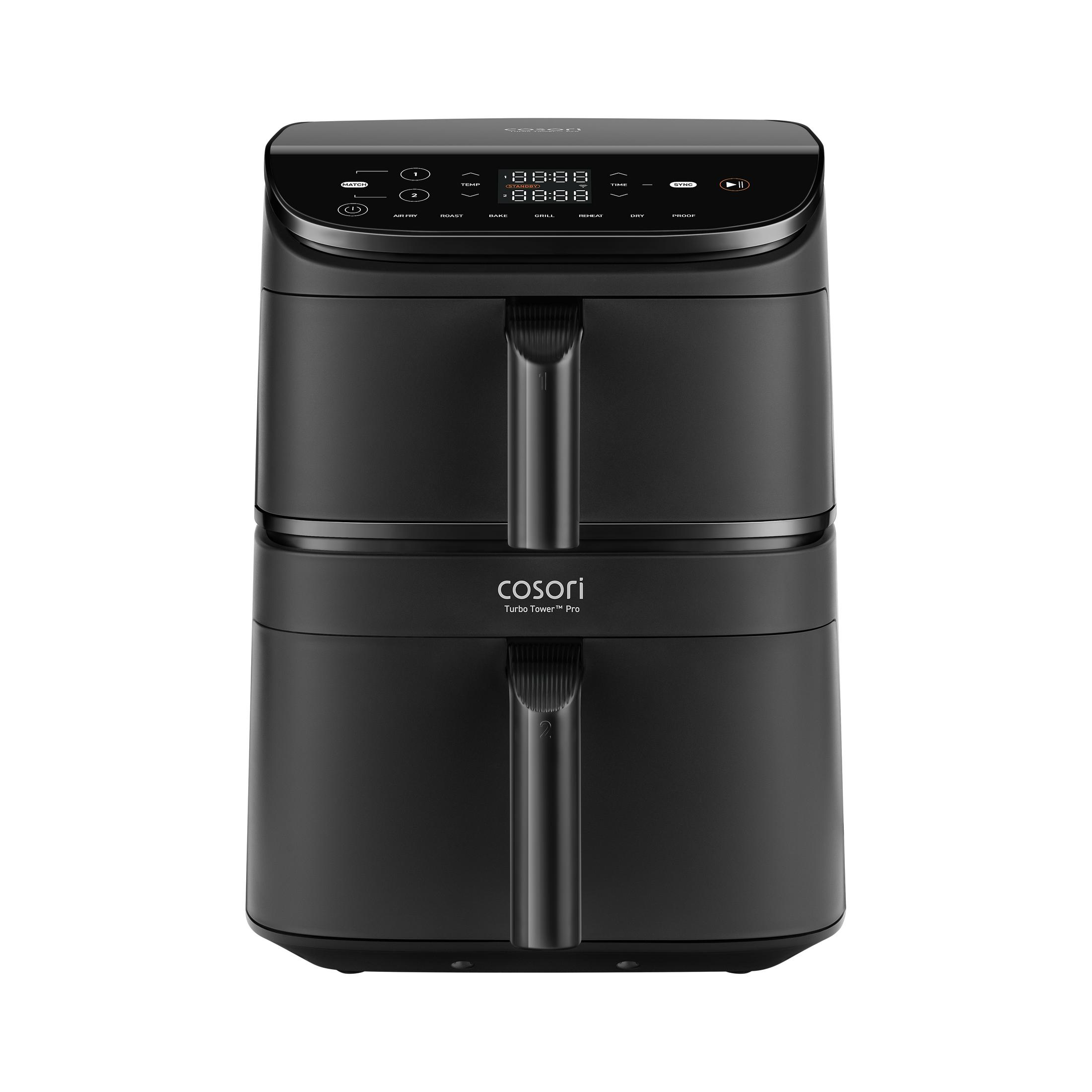 Czarna frytownica powietrzna z wyświetlaczem cyfrowym, dwoma uchwytami i logo Cosori. Białe tło.