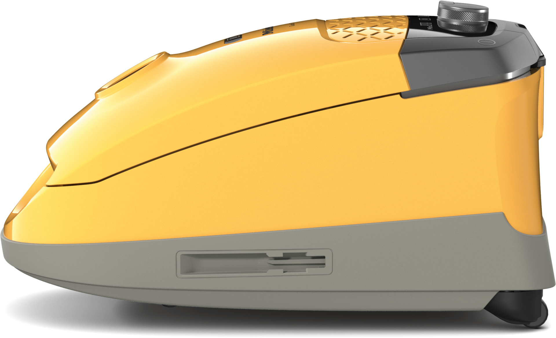 Vista laterale di un aspirapolvere giallo, con accenti grigi e manopola di controllo sulla parte superiore.