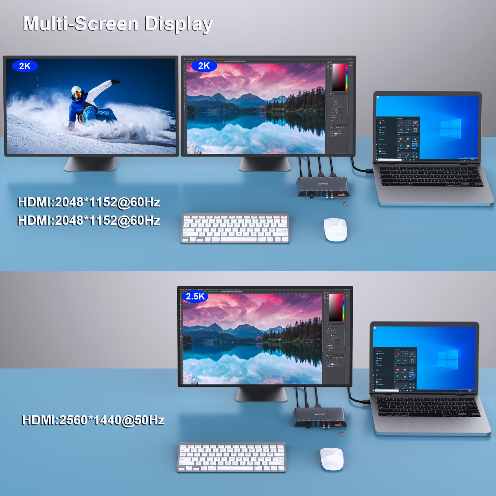 Multi-Screen-Display-Setup mit Laptops, Tastaturen und Monitoren. Blauer Hintergrund.
