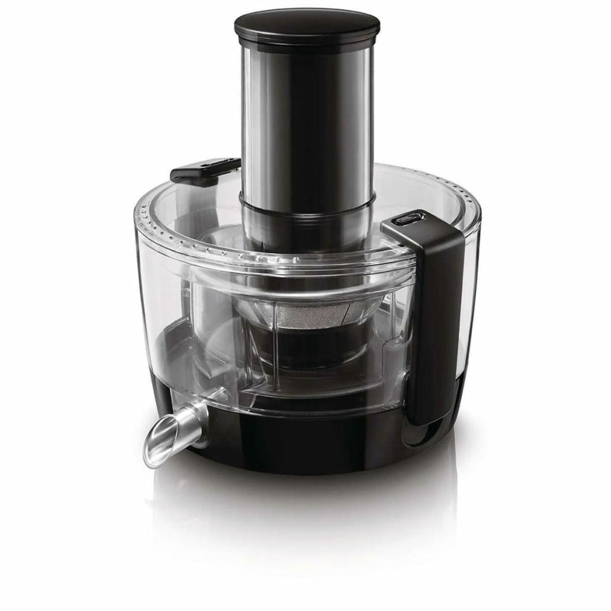 Czarna wyciskarka do soku z przezroczystym pojemnikiem. Widoczny czarny uchwyt. Tło jest białe.