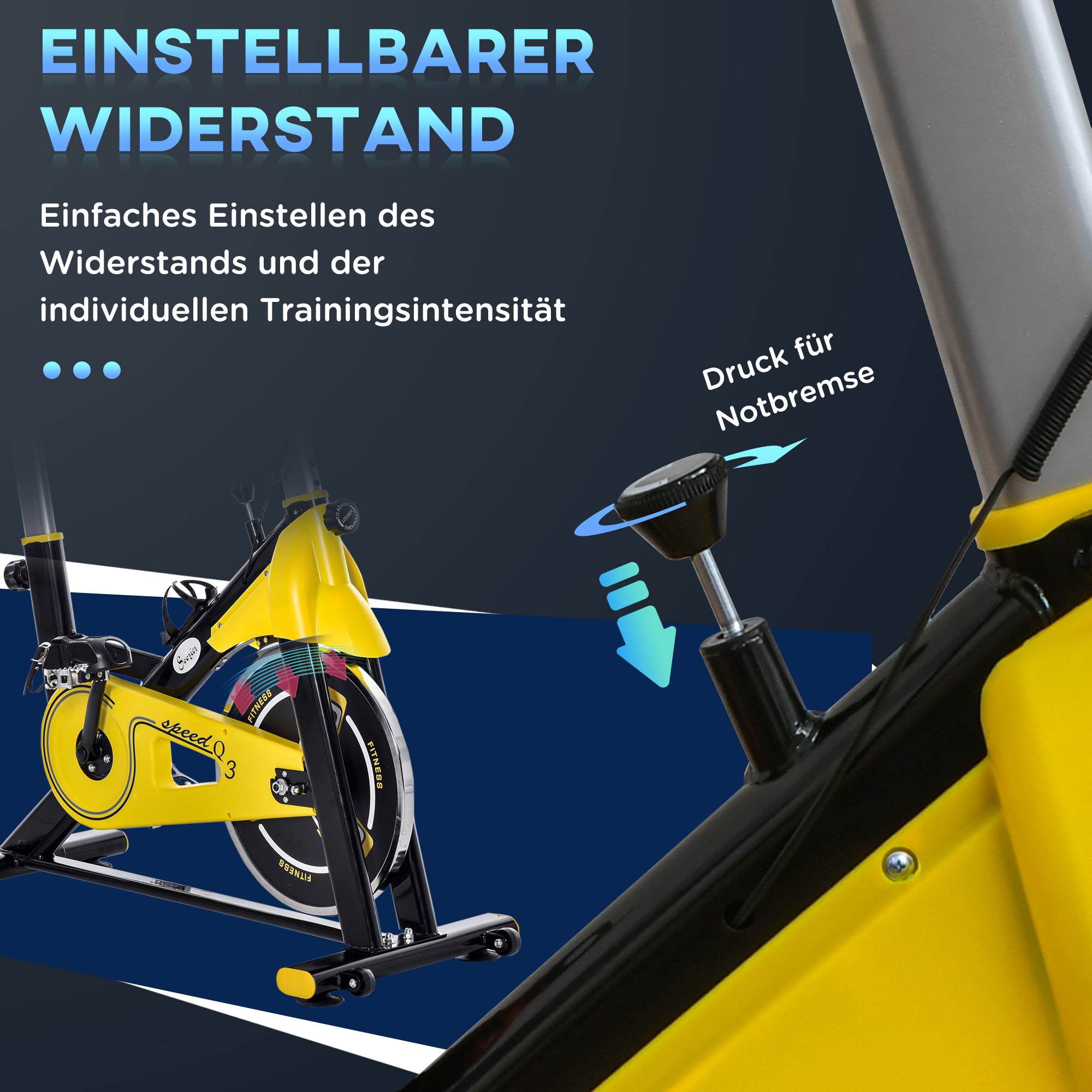 Heimtrainer mit einstellbarem Widerstand. Ein gelb-schwarzes Fahrrad mit rotem Rad wird gezeigt.