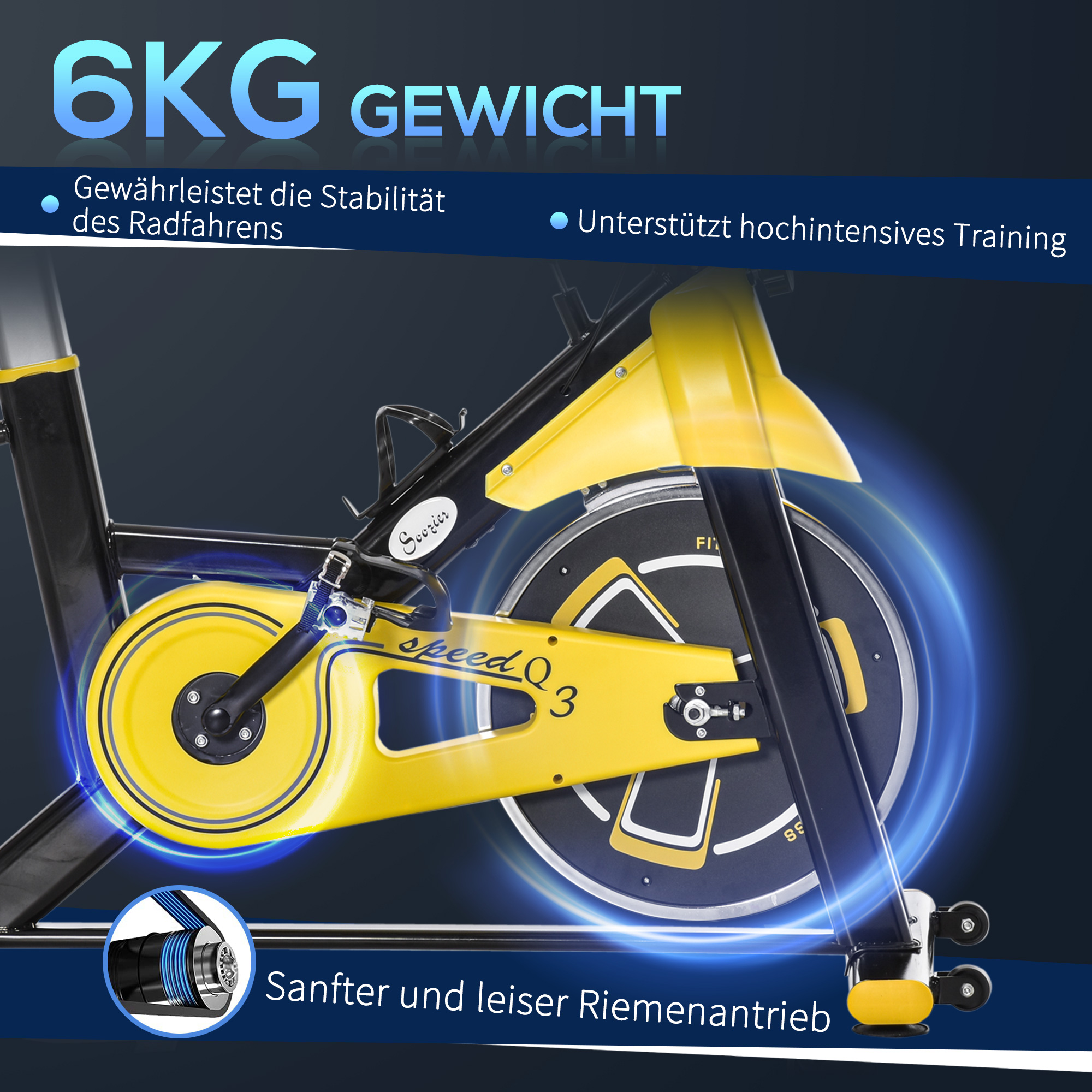 Nahaufnahme eines gelb-schwarzen Heimtrainers. Zeigt Rad, Pedale und Antriebsriemen. Text über Gewicht und Stabilität.