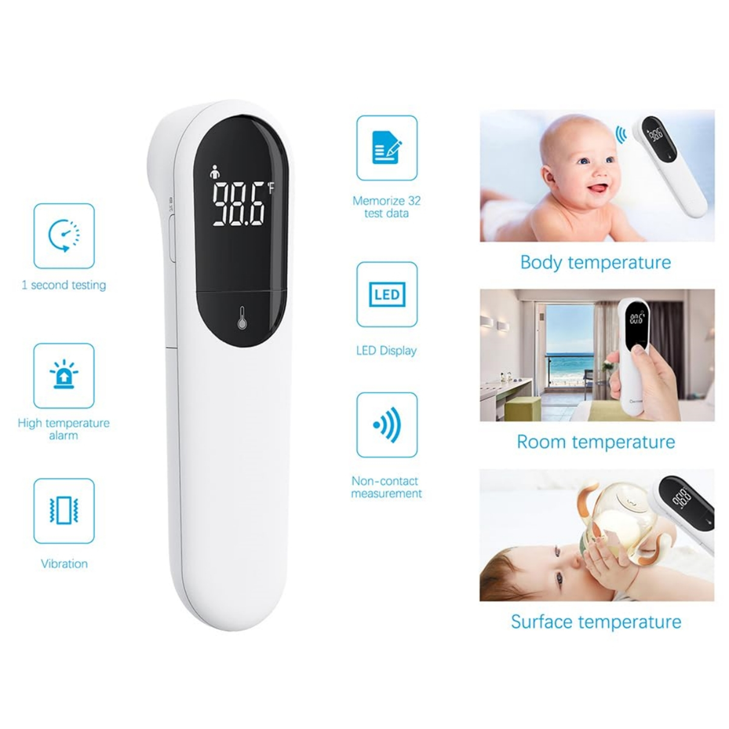 Weißes, berührungsloses Thermometer mit Anzeige von 98,6. Informationssymbole darum herum.