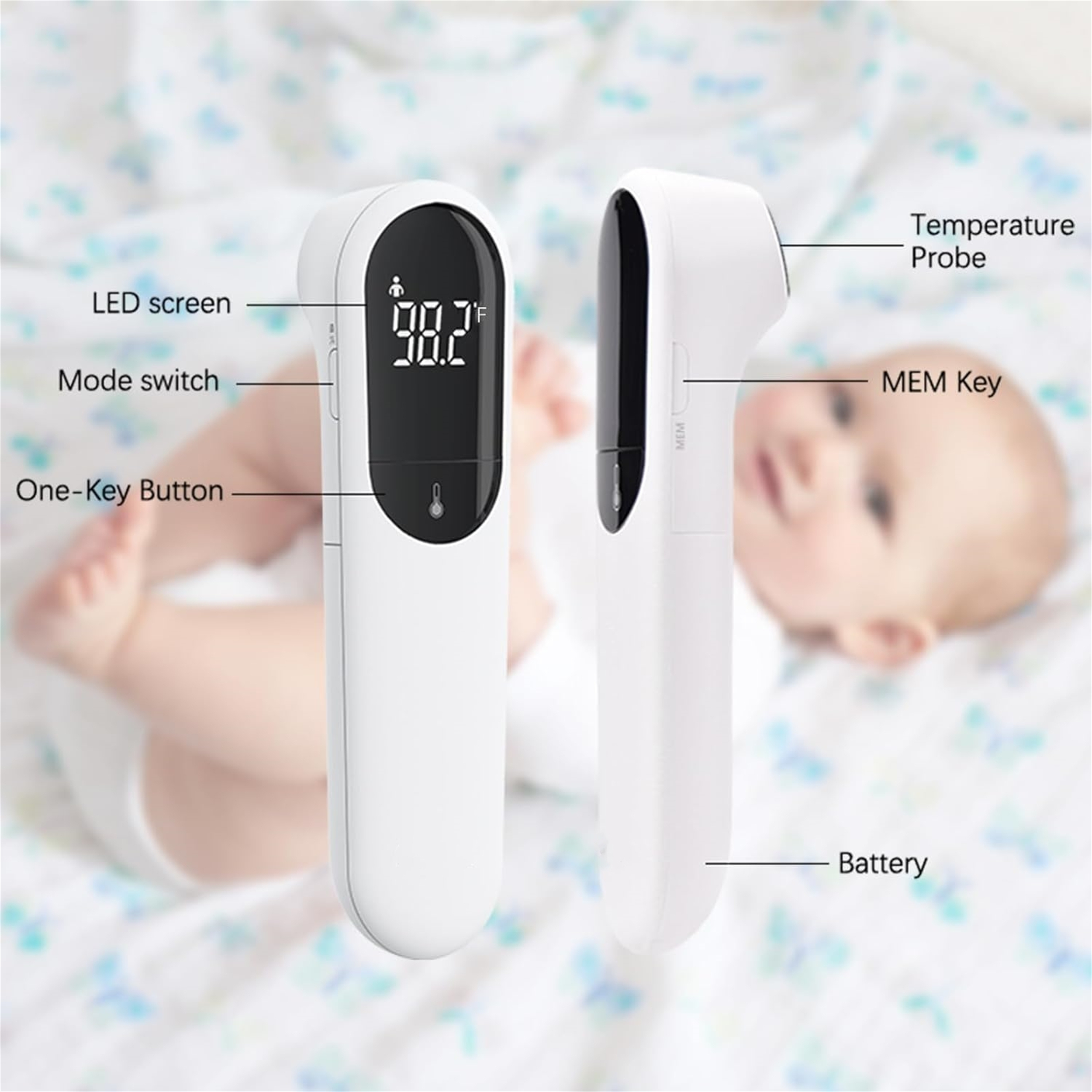 Digitales Thermometer mit LED-Anzeige und beschrifteten Teilen.