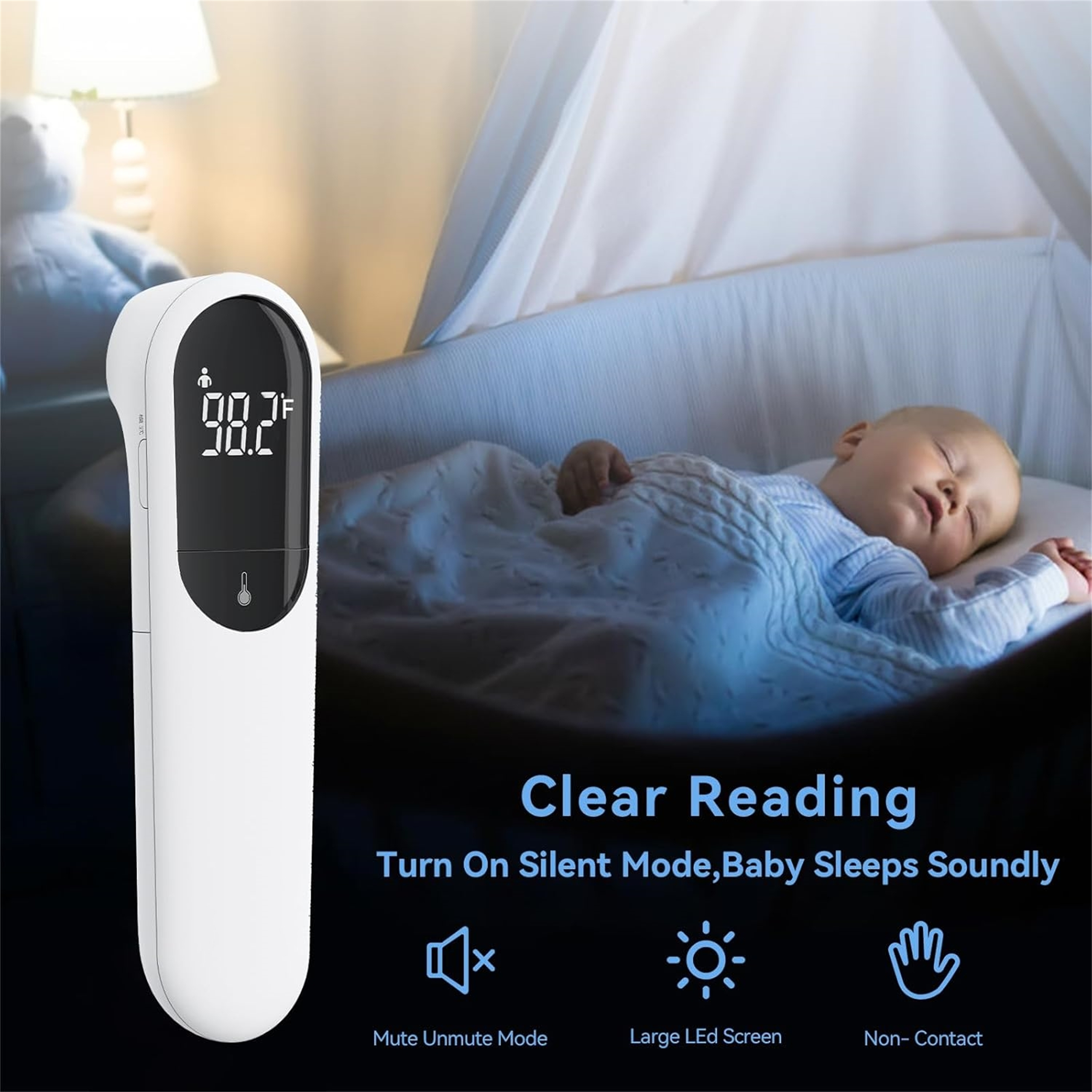 Weißes Thermometer zeigt 98,2 Grad, neben schlafendem Baby in einem Kinderbett, Text: "Klare Messung".