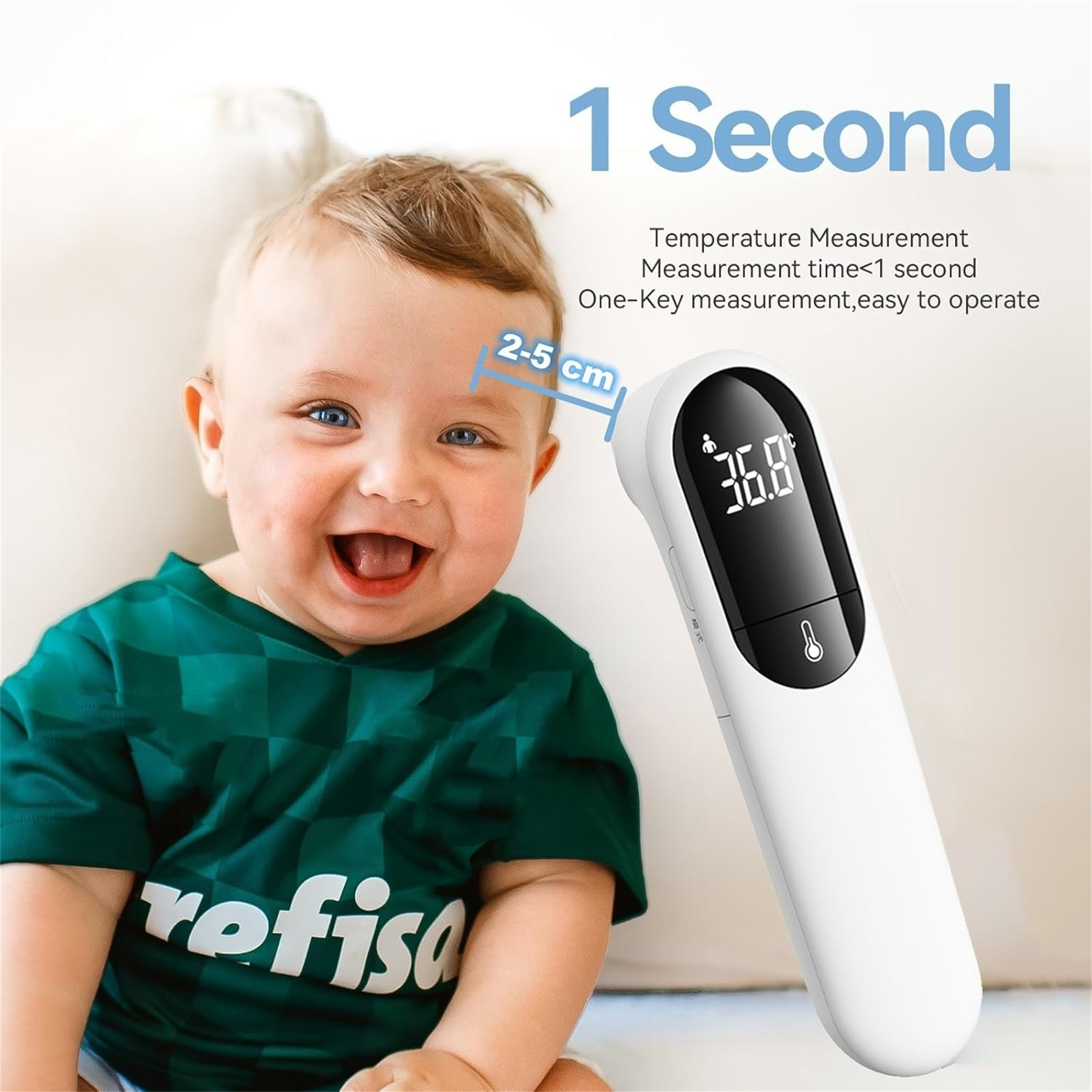 Lachendes Baby mit Thermometer, das die Stirntemperatur misst. Weißes Thermometer.