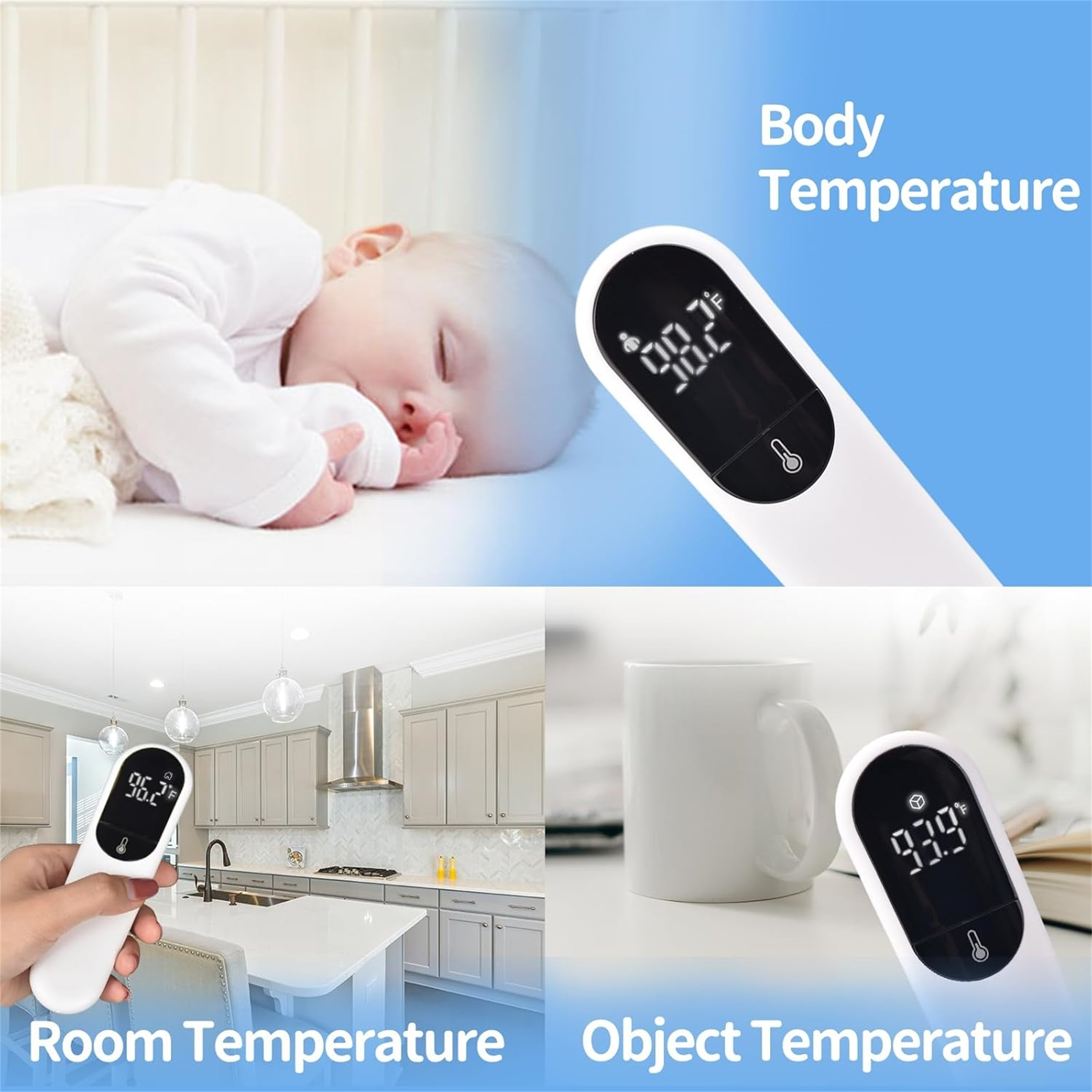 Das Bild zeigt Thermometermesswerte. Babytemperatur ist 98,2°F. Raumtemperatur ist 96,2°F. Objekttemperatur ist 93,9°F.