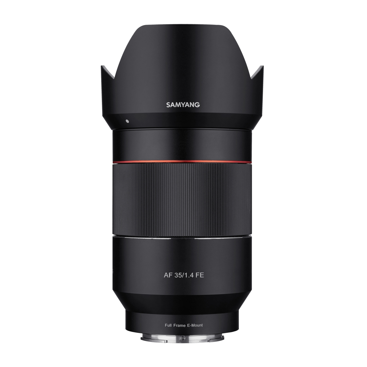 Ein schwarzes Samyang-Objektiv mit orangem Ring und Gegenlichtblende. Der Text lautet AF 35/1.4 FE.