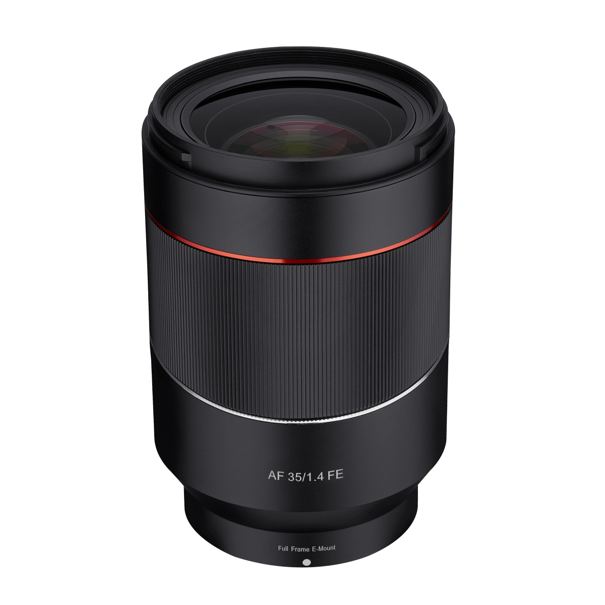 Ein schwarz-rotes Objektiv mit der Bezeichnung AF 35/1.4 FE, auf weißem Hintergrund.
