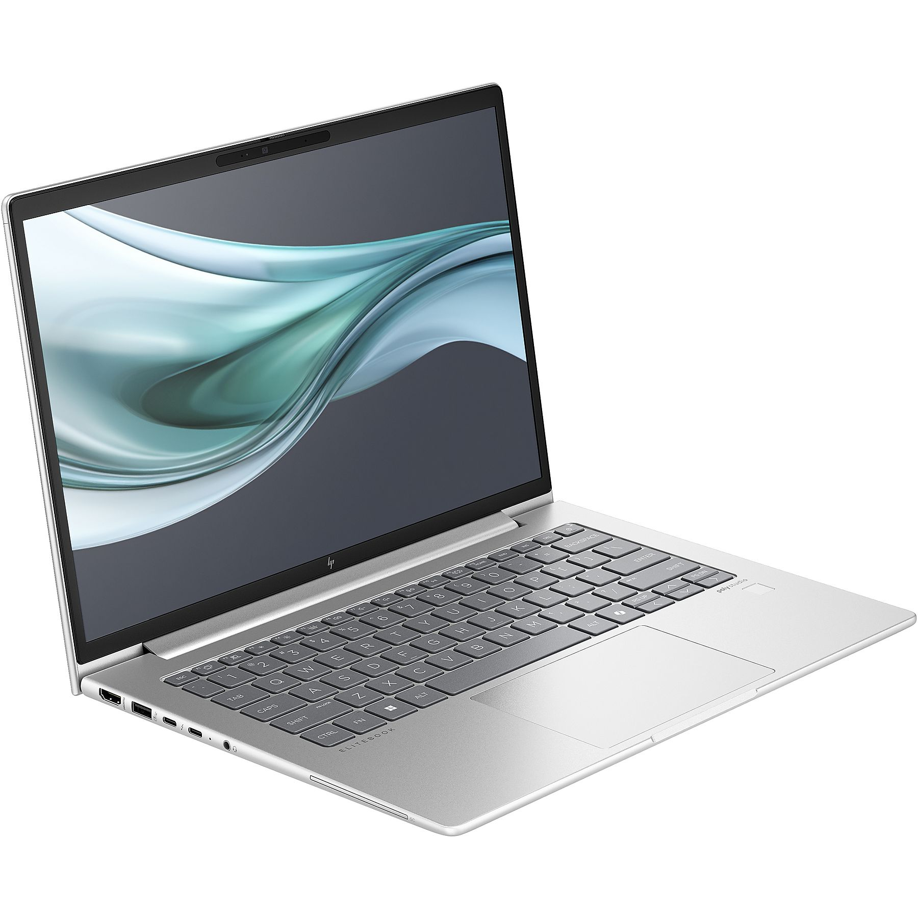 Laptop argento aperto, mostra tastiera e schermo con design astratto e fluido.