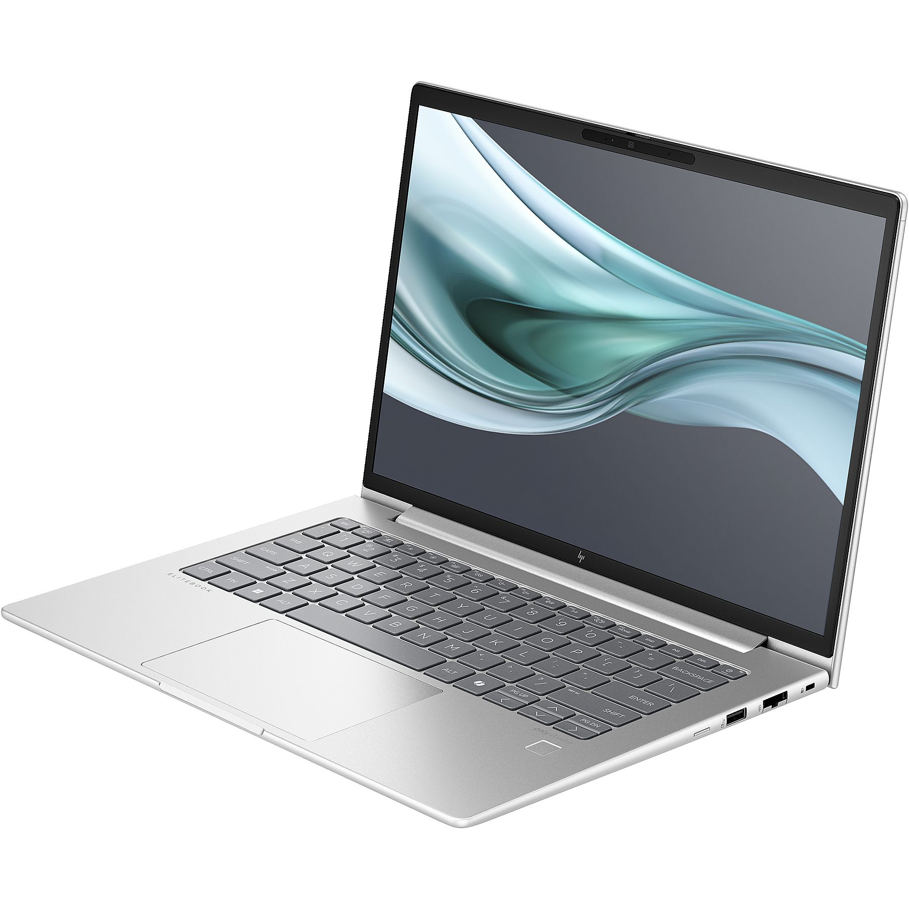 Laptop argento aperto, mostra tastiera e schermo con design astratto e fluido.