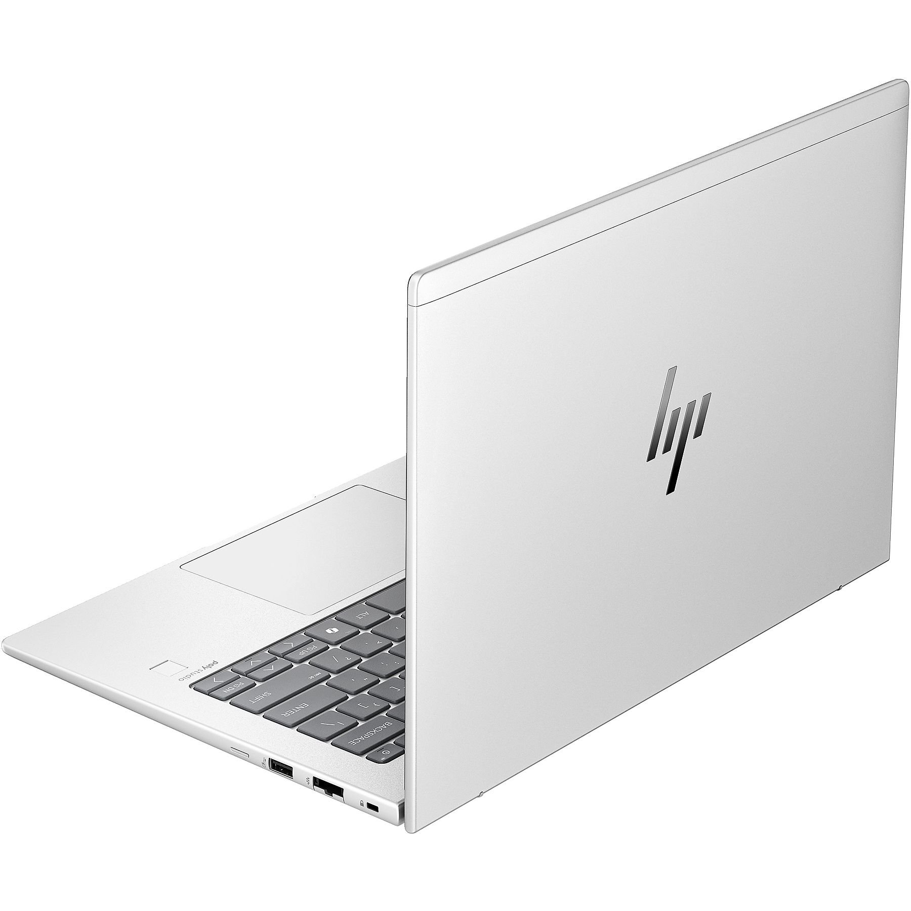 Un laptop bianco con il logo HP visibile. È leggermente aperto, mostrando la tastiera.