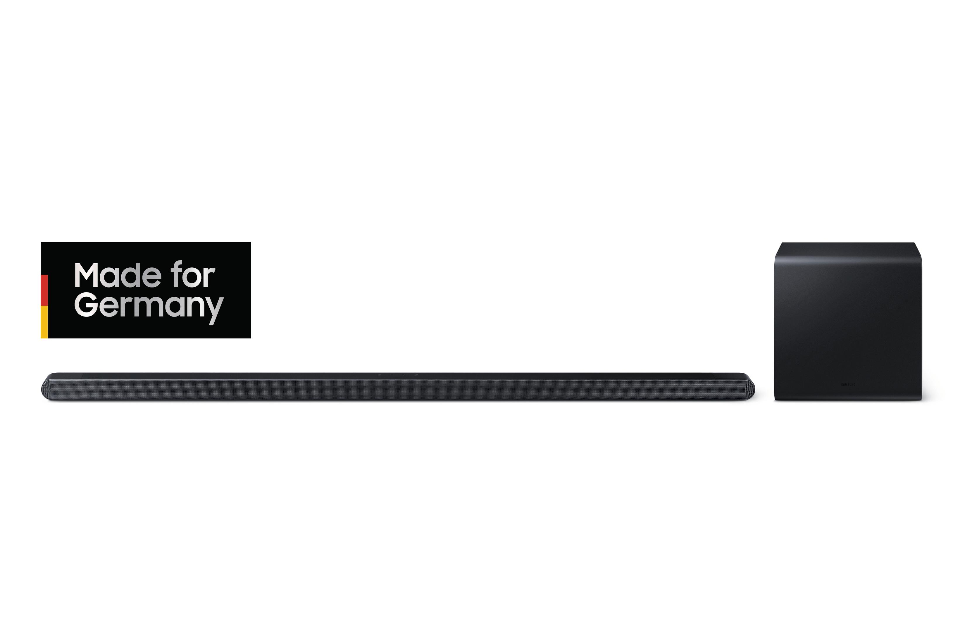 Ein schwarzes Soundbar- und Subwoofer-Set. Made for Germany-Logo links.