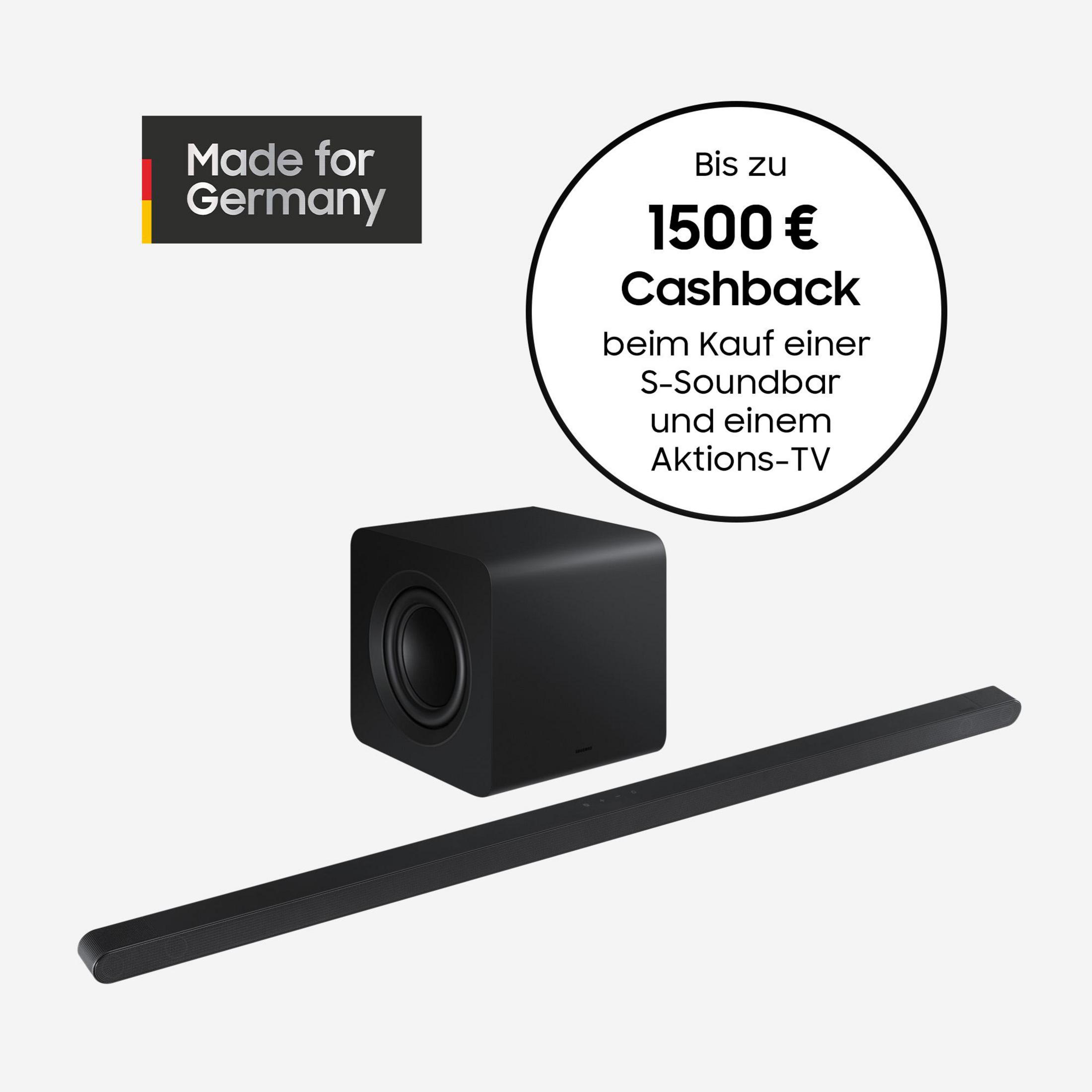 Schwarze Soundbar und Subwoofer mit Text, der ein Cashback-Angebot bewirbt, auf weißem Hintergrund.