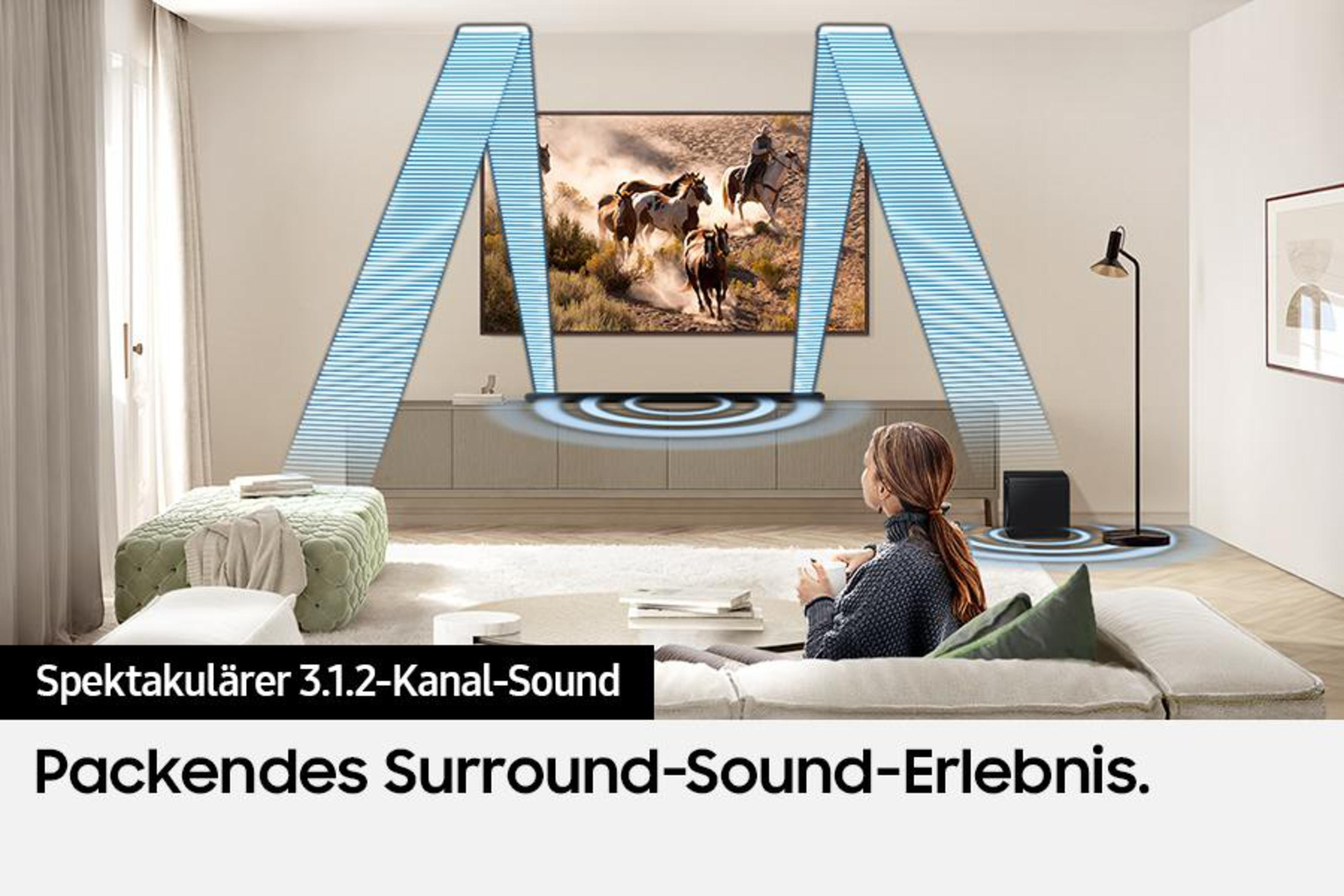 Frau im Raum, schaut fern, Schallwellen kommen vom Fernseher.