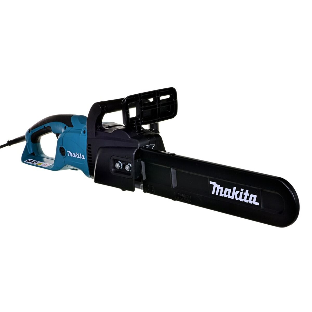 Eine teal- und schwarze elektrische Makita-Kettensäge auf weißem Hintergrund.