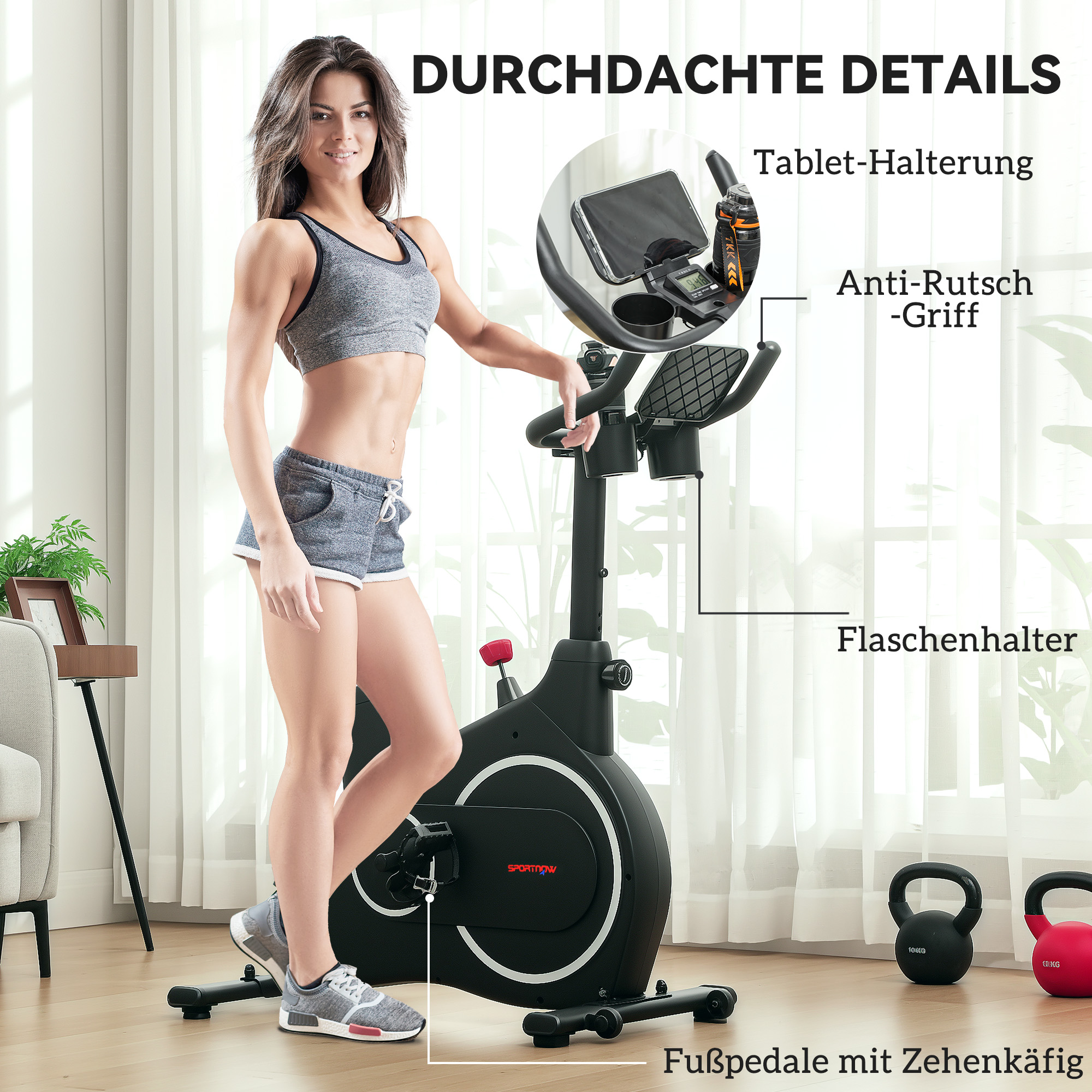 Frau mit Trainingsfahrrad, hält Griffe, mit Tablethalter.