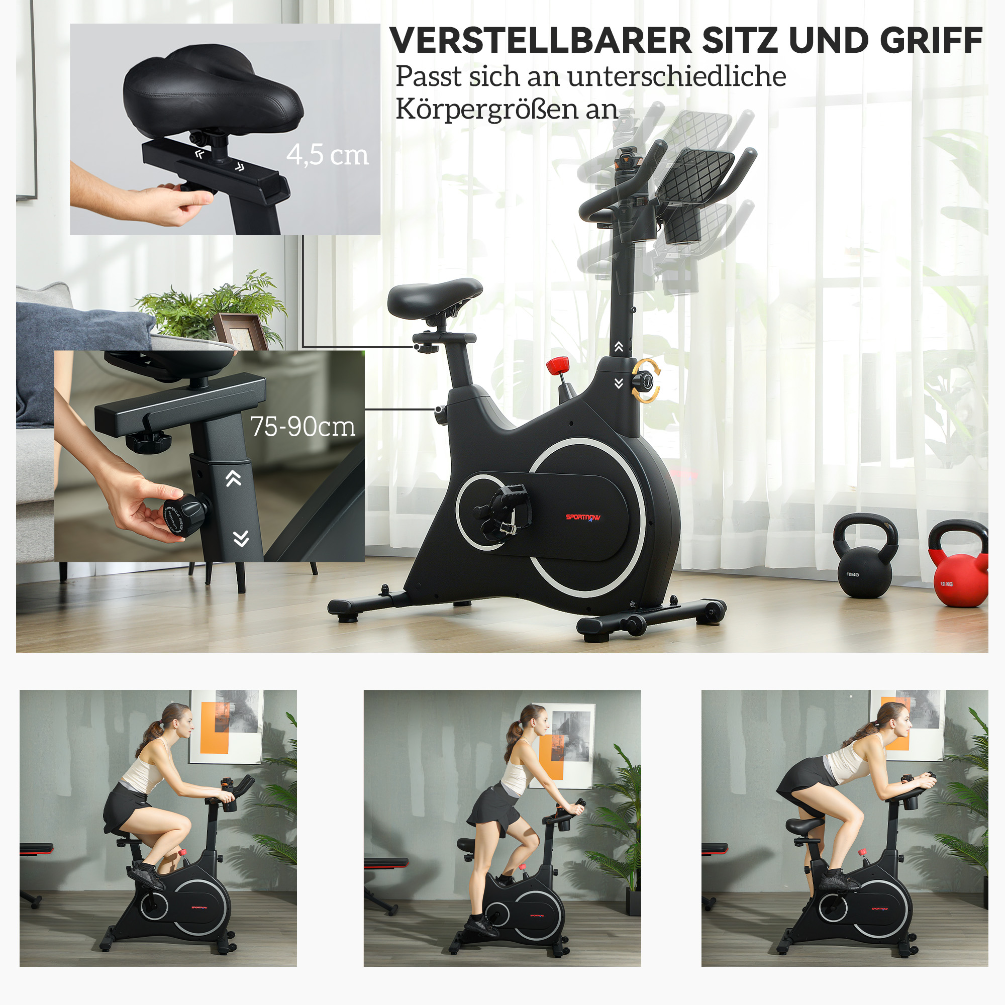 Hometrainer mit verstellbarem Sitz und Griff, zeigt auch eine Frau, die ihn benutzt.