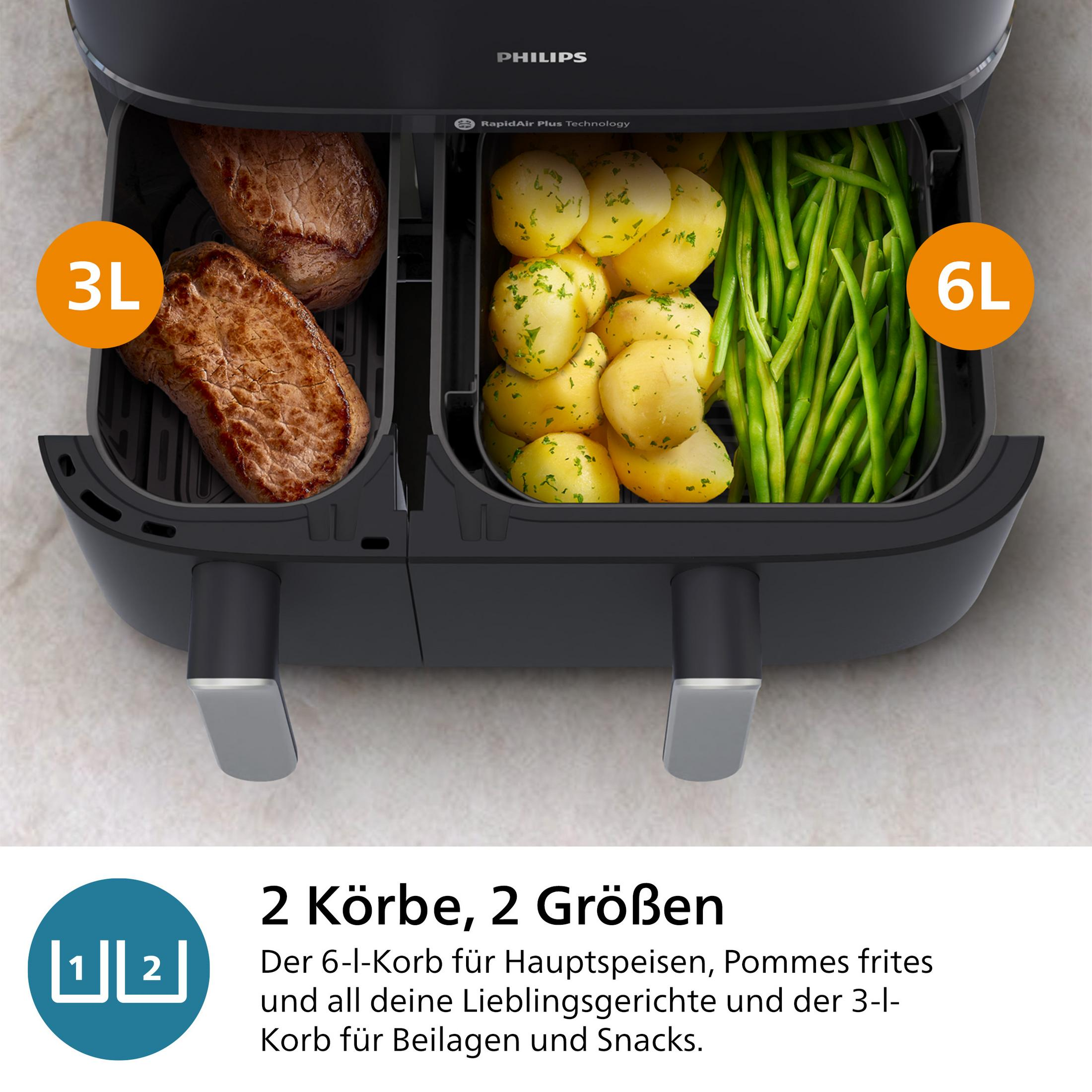 Friggitrice ad aria nera con due cestelli, uno con patate, uno con fagiolini.