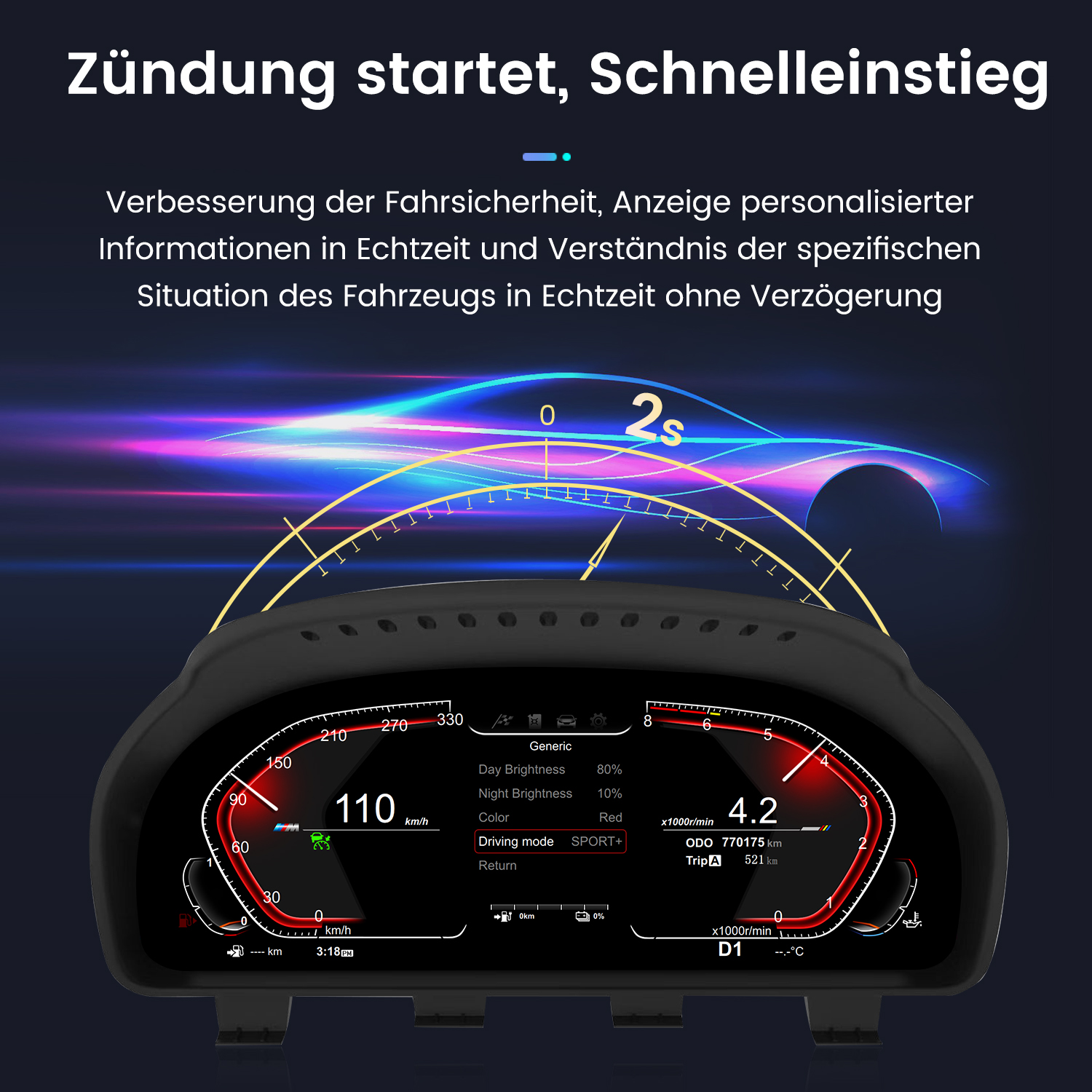 Auto-Armaturenbrett, das Geschwindigkeit und andere Fahrinformationen anzeigt.