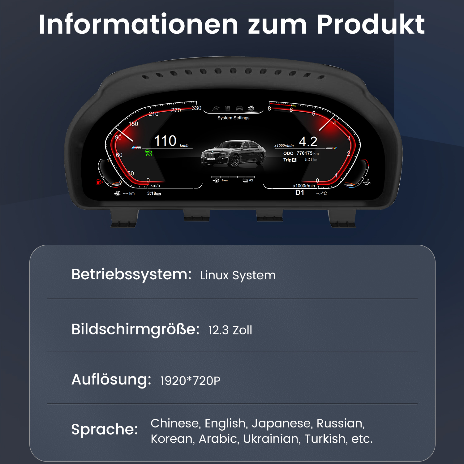 Armaturenbrett mit Infos: Geschwindigkeit, Drehzahl, Kraftstoff und Auto-Bild. Hintergrund schwarz.