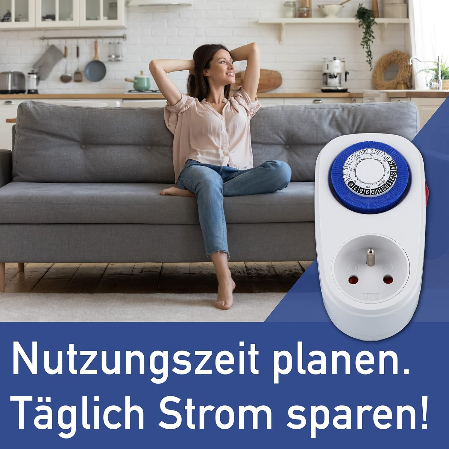 Frau auf Sofa mit Timer; zeigt, wie man die Nutzung plant und Strom spart.