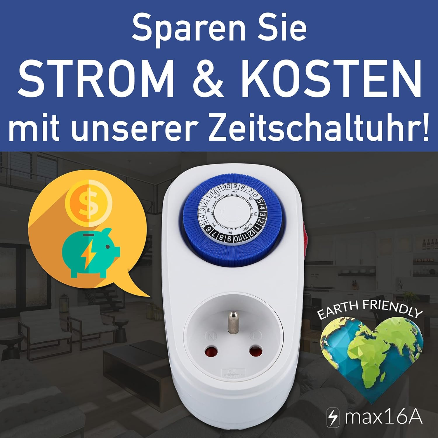 Timer mit Sparschwein-Grafik. Zeigt, wie man Geld sparen und umweltfreundlich sein kann.