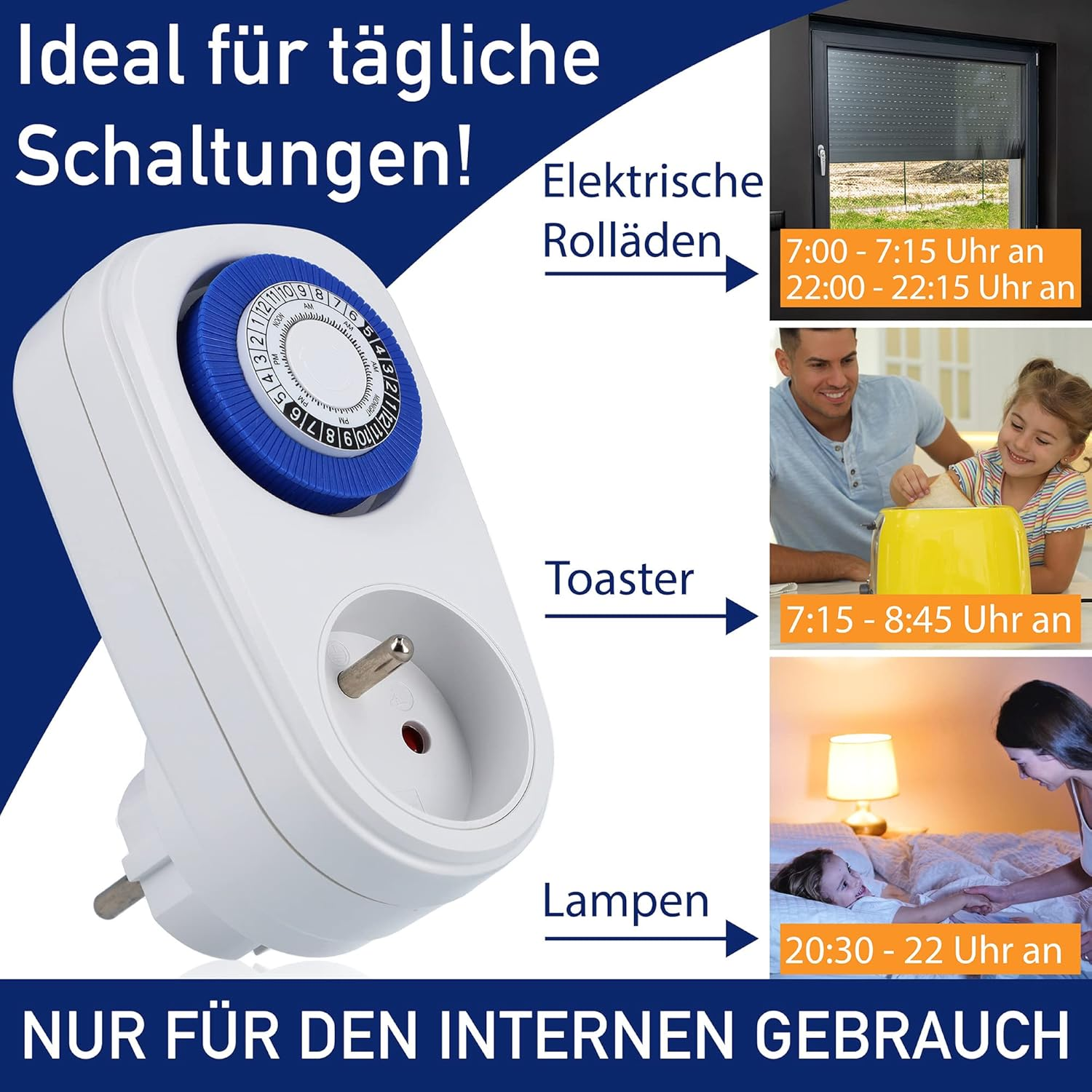 Weißer Timer mit Stecker, drei Anwendungsbeispiele: Jalousien, Toaster und Lampe, mit eingestellten Zeiten.