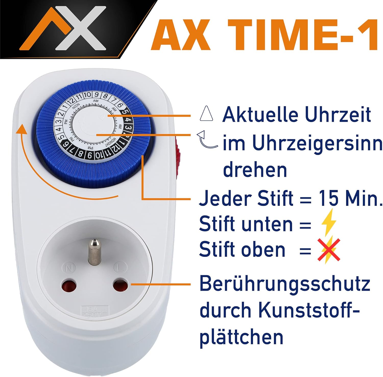 Weißer Timer mit blauem Zifferblatt und roter Taste. Der Text ist auf Deutsch.