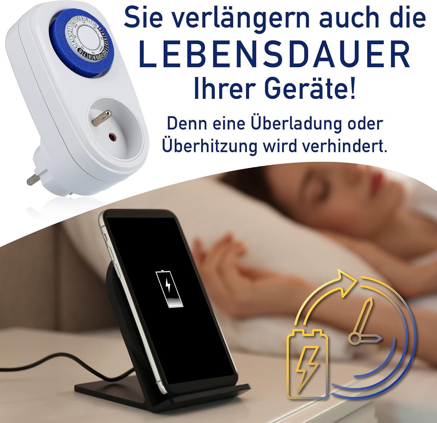 Timer und kabelloses Ladegerät mit Telefon; zeigt, wie es die Lebensdauer des Geräts verlängert.