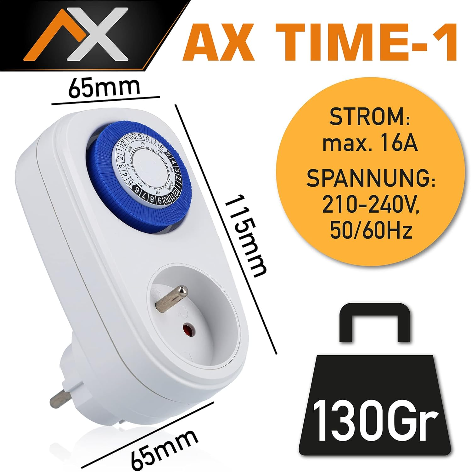 Timer mit Abmessungen und Gewichtsangaben; Abmessungen sind 65 mm x 115 mm x 65 mm.