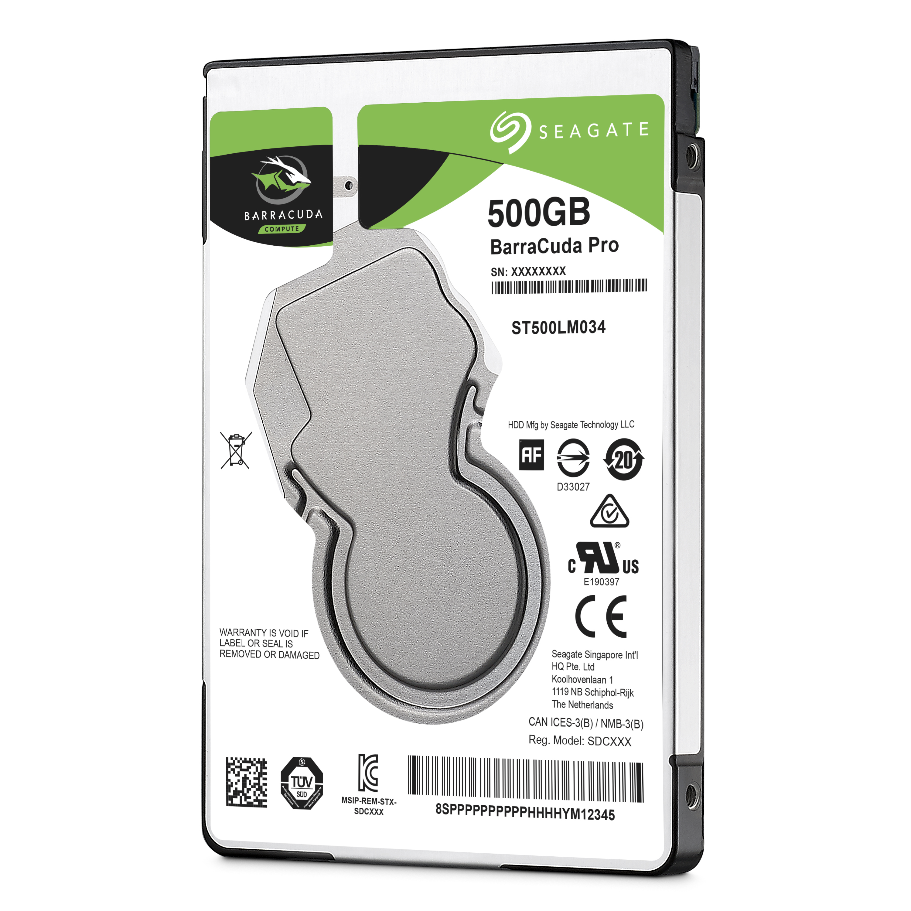 Un'etichetta del disco rigido Seagate Barracuda Pro da 500 GB. Nero e verde con un logo bianco e dettagli.