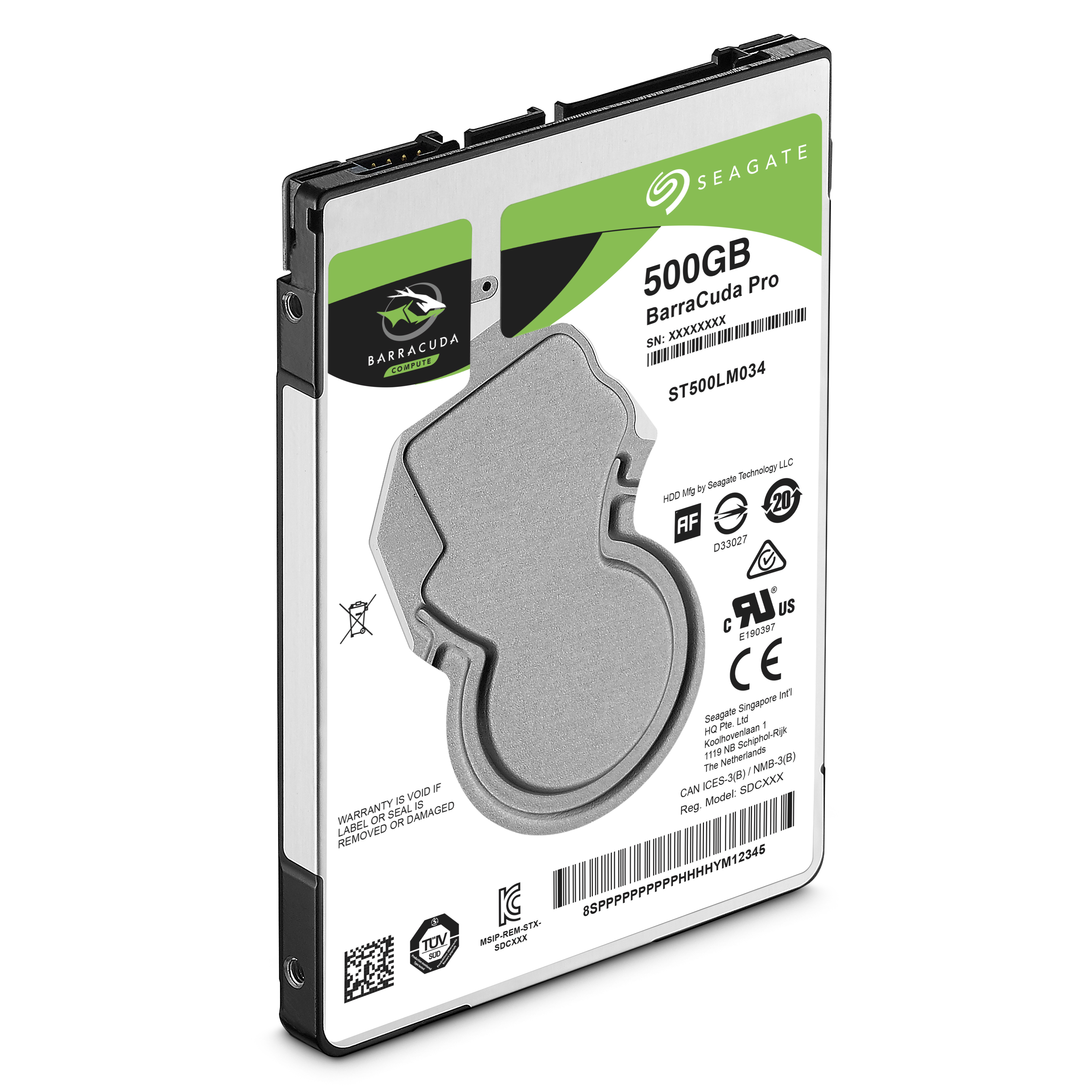 Disco rigido Seagate Barracuda Pro 500GB. Argento e nero con etichetta, sfondo bianco.