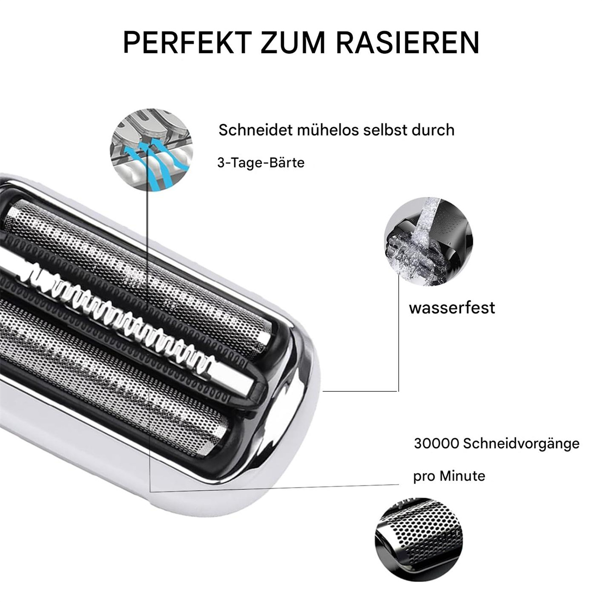 Nahaufnahme eines Rasiererkopfes mit Klingen und wasserdichten Eigenschaften.