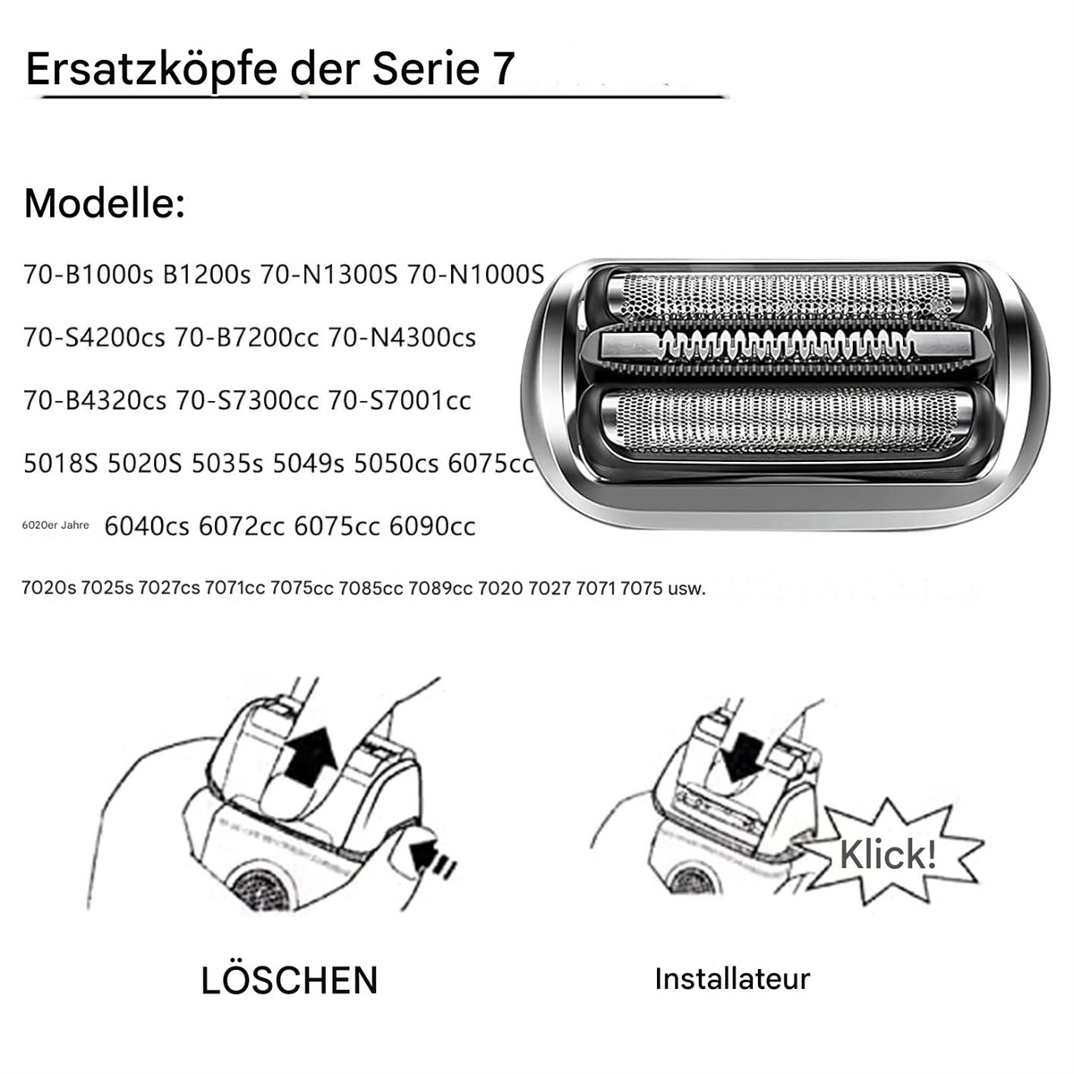 Diagramm mit Rasiererteilen und Anweisungen. Enthält Text und Bilder.