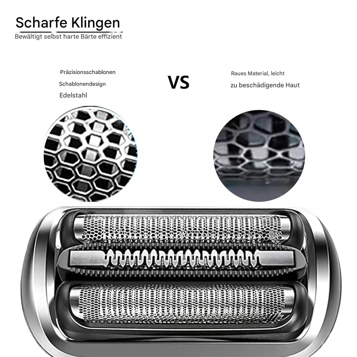 Nahaufnahme des Rasiererkopfes mit zwei Folien, Vergleich mit rauem Material und Icons.