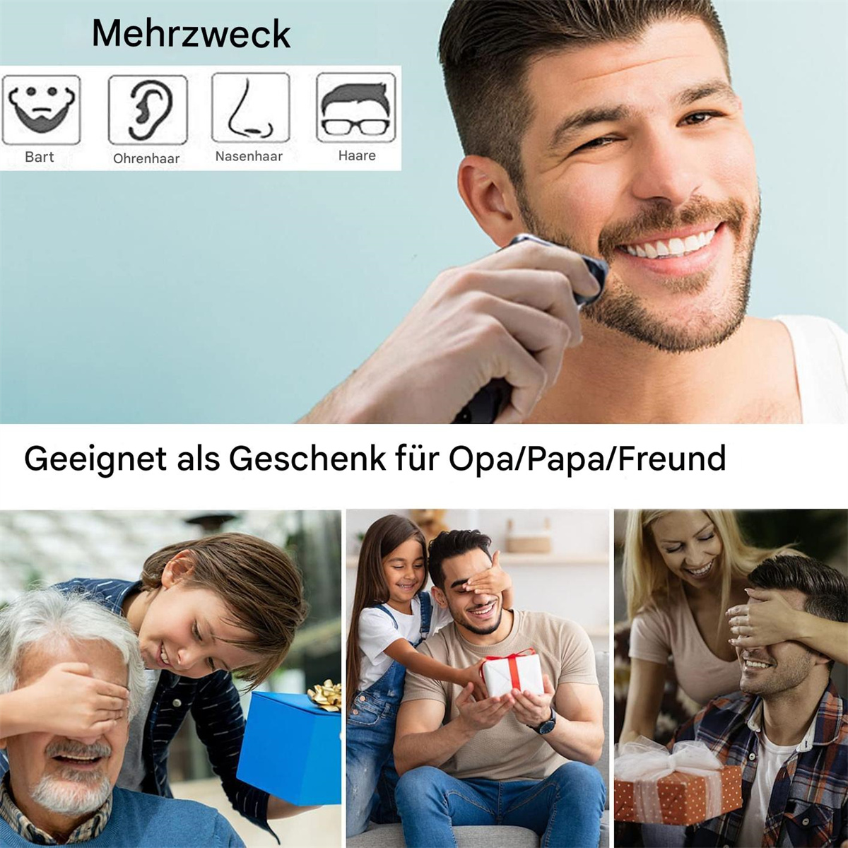 Mann rasiert sich, Geschenkszenen; Geschenkboxen und lächelnde Gesichter.