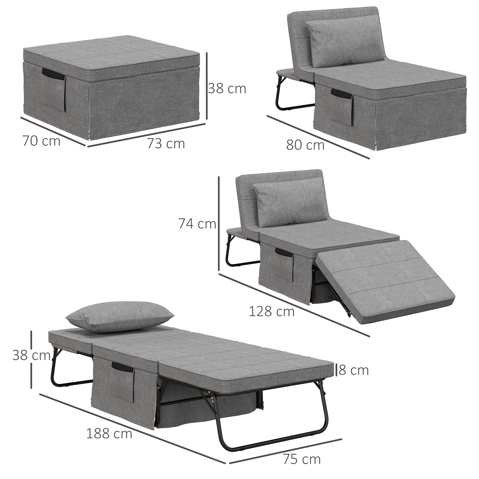 Dimensioni di un divano letto grigio convertibile in quattro forme: pouf, chaise longue, divano e letto, con etichette.