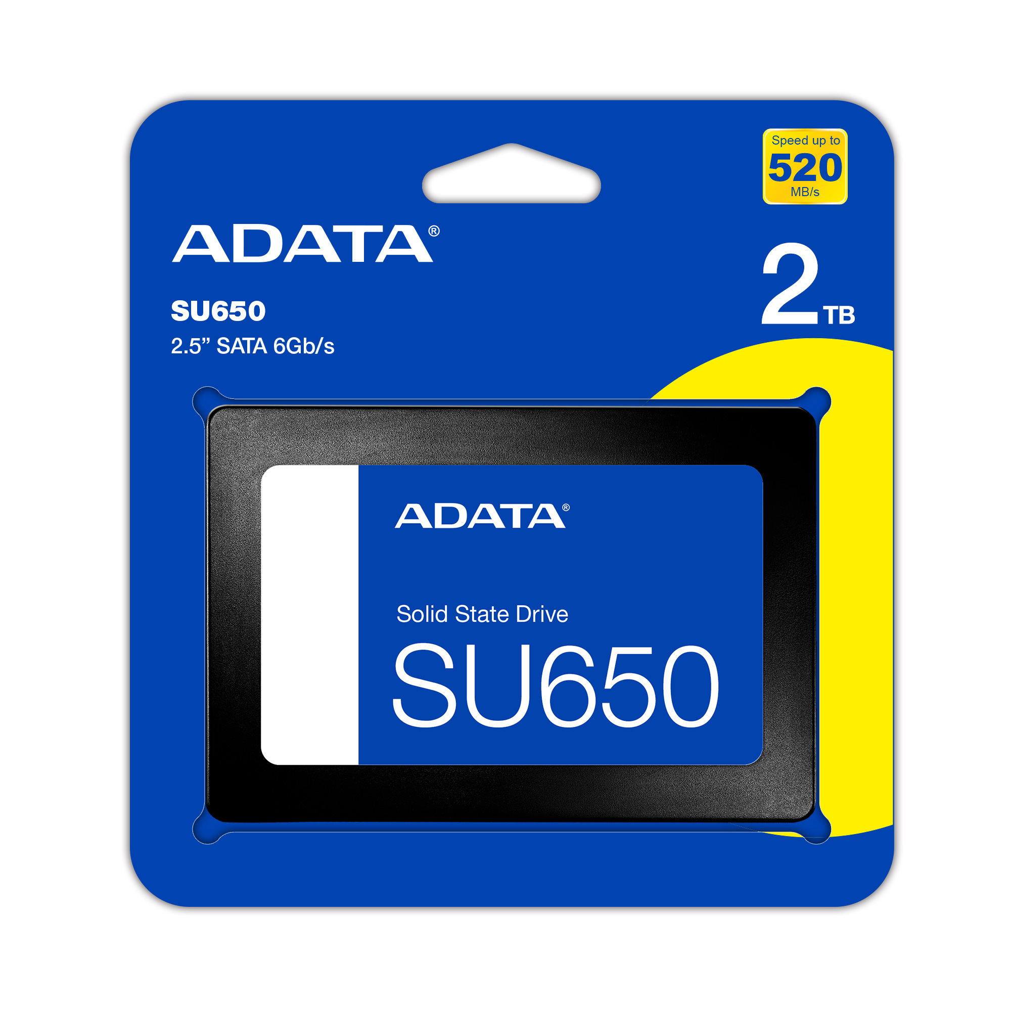 Emballage du SSD ADATA SU650 2 To. Bleu et noir avec texte blanc, affichant la vitesse et les informations de capacité.