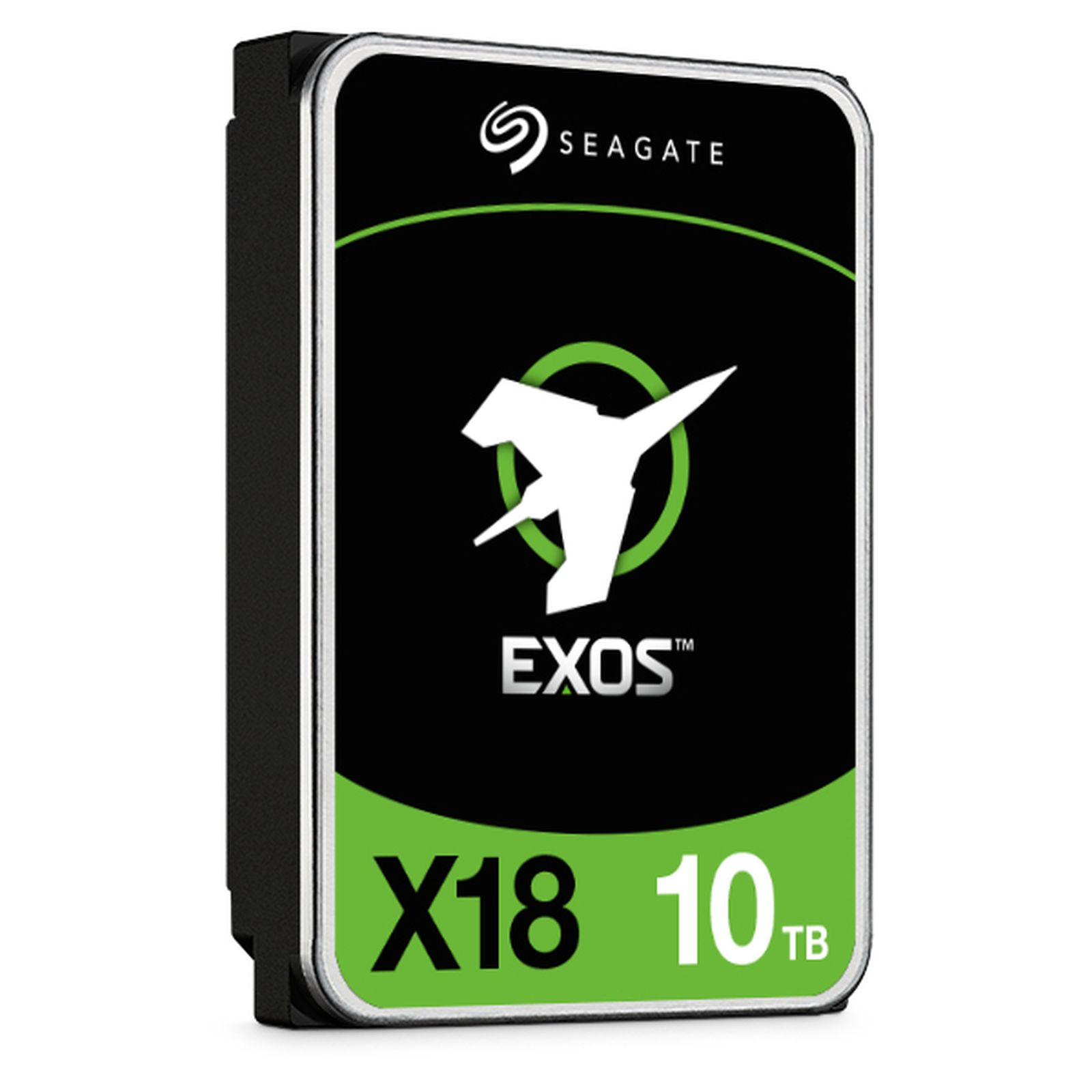 Seagate EXOS 10TB harde schijf. Zwart en groen label met logo en tekst.