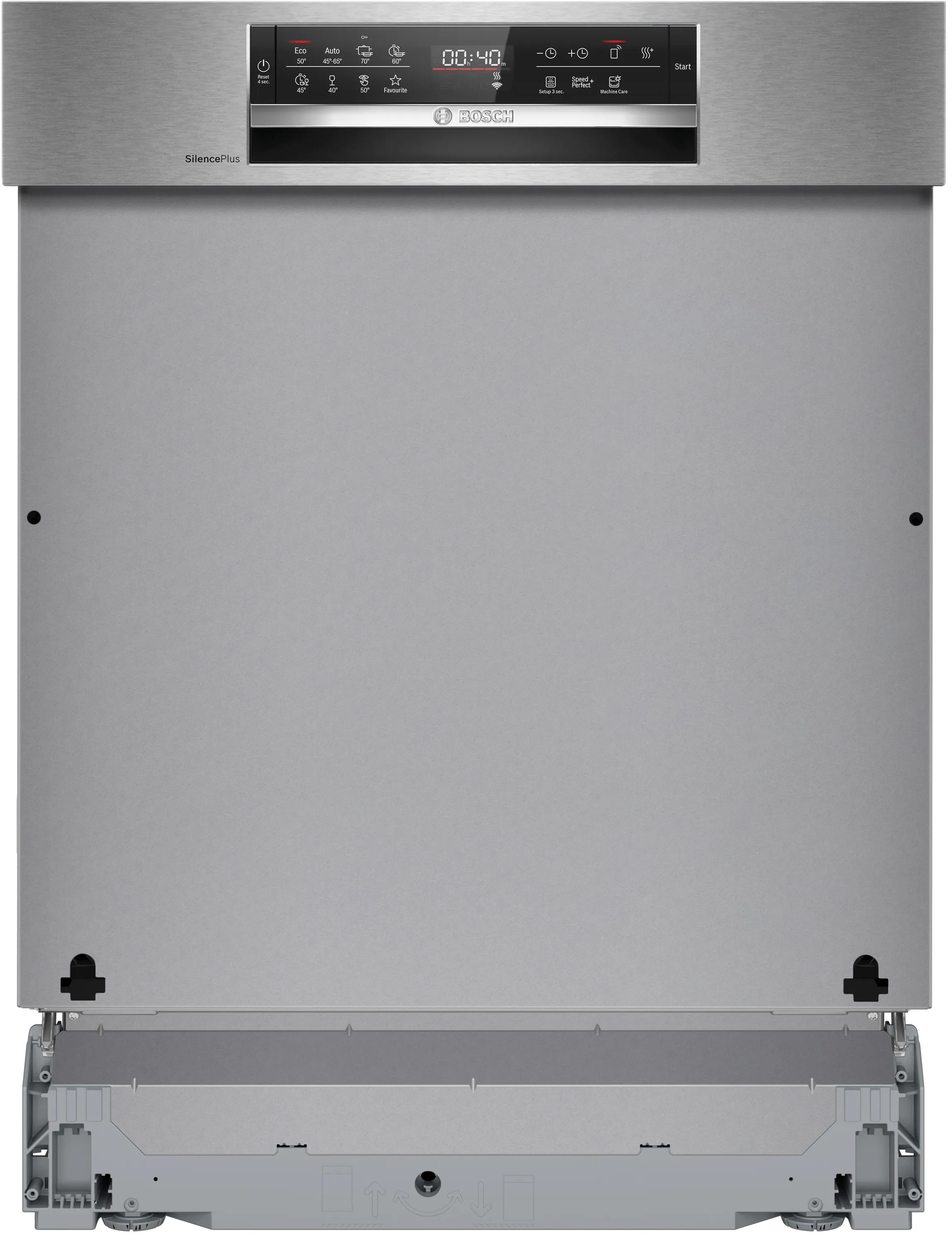 Un lavavajillas Siemens con la puerta abierta, mostrando el interior con rejillas y un panel de control.