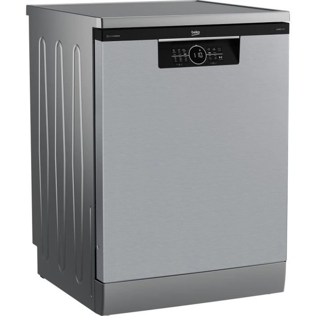 Una lavastoviglie Beko grigia, che mostra la parte anteriore e laterale. Il pannello di controllo è in alto.