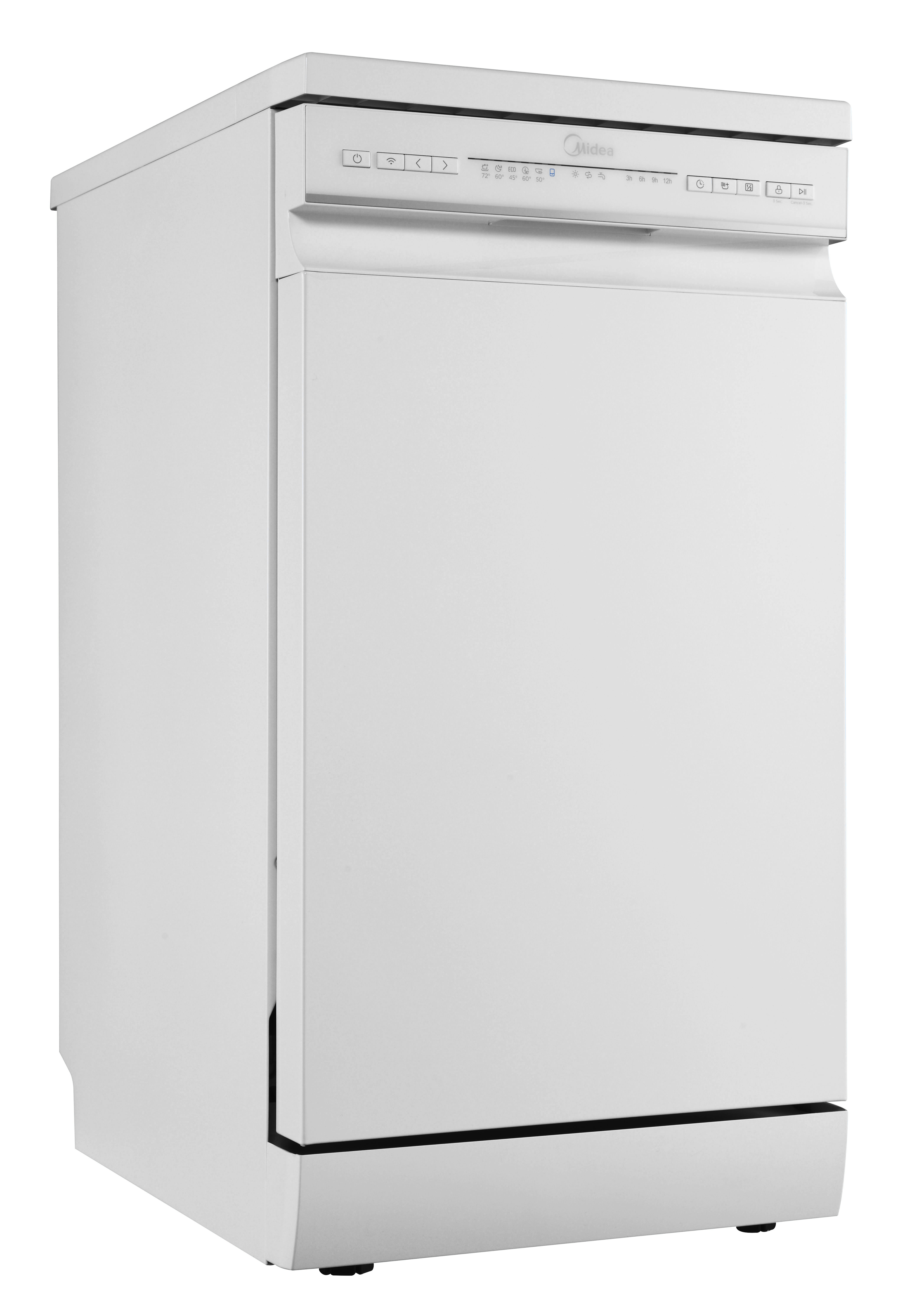 Lavavajillas Midea blanco. Vista frontal con panel de control arriba.