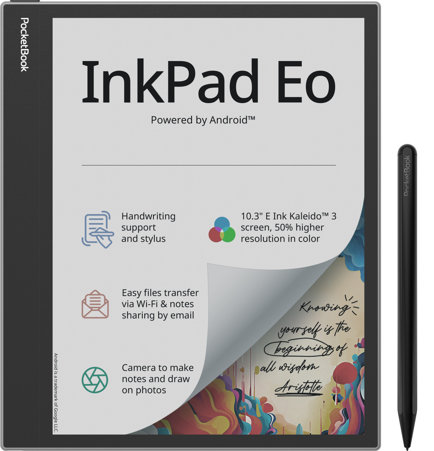 Czytnik e-booków InkPad Eo. Pokazuje urządzenie z rysikiem i kolorowy wyświetlacz zawartości.