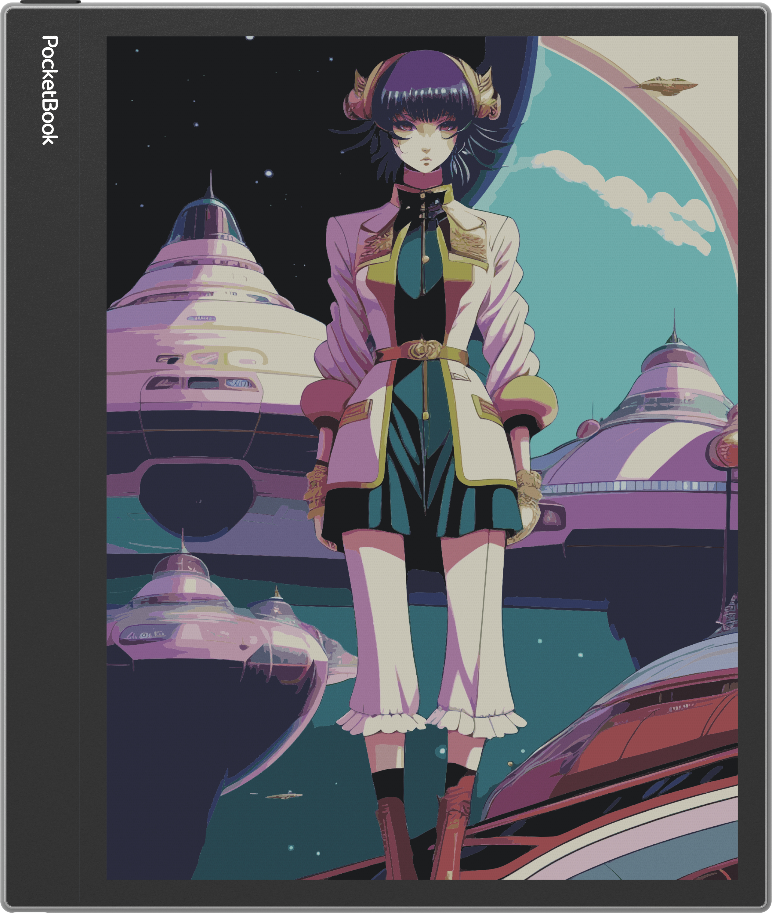 Ilustracja osoby w futurystycznym otoczeniu z budynkami i statkami kosmicznymi.